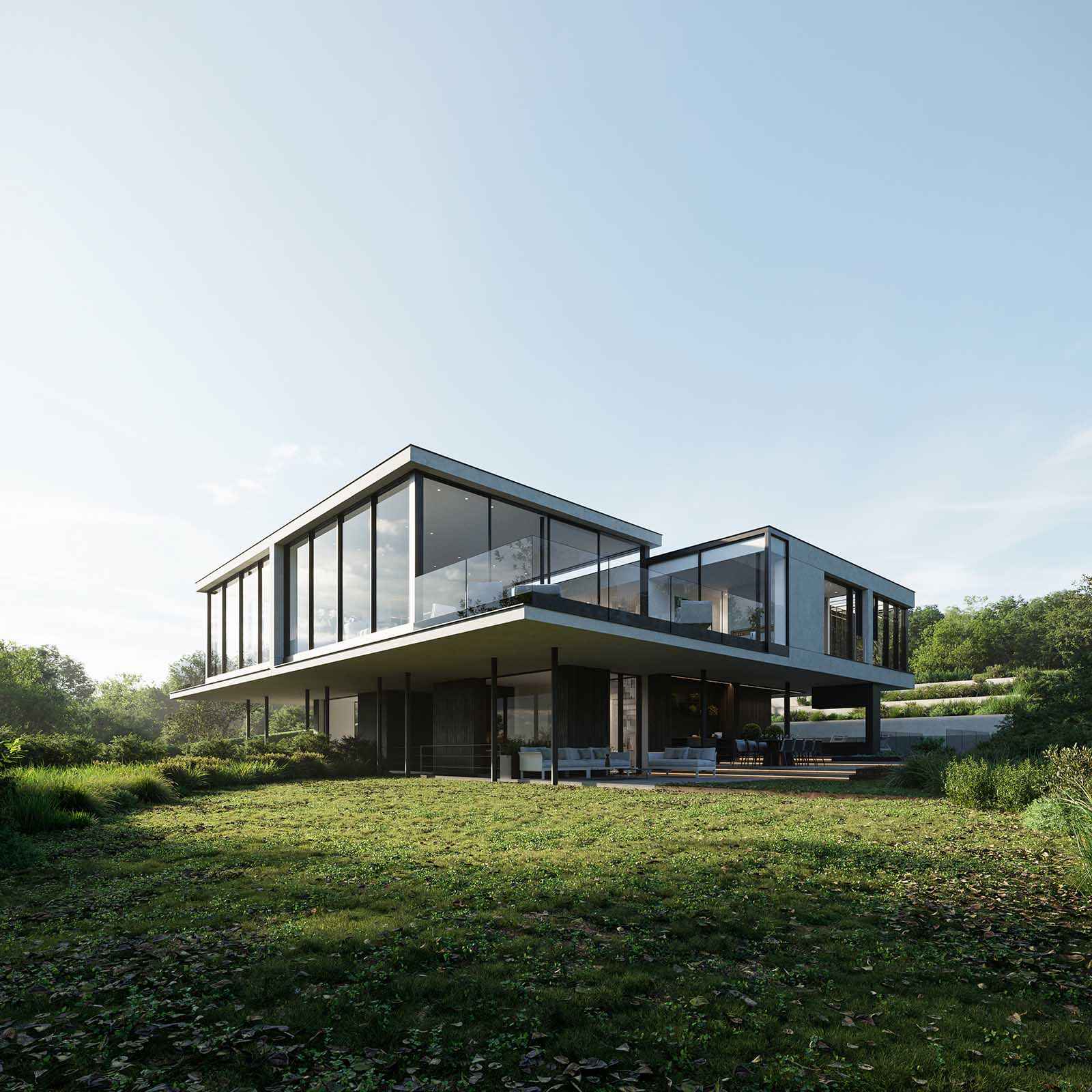 Photorealistic exterior 3D Rendering of a real estate residential deveoplment in Gland, Switzerland. Human eye level view. Facade detail at sunset. Still CG image produced by Scuares, an architectural visualization studio