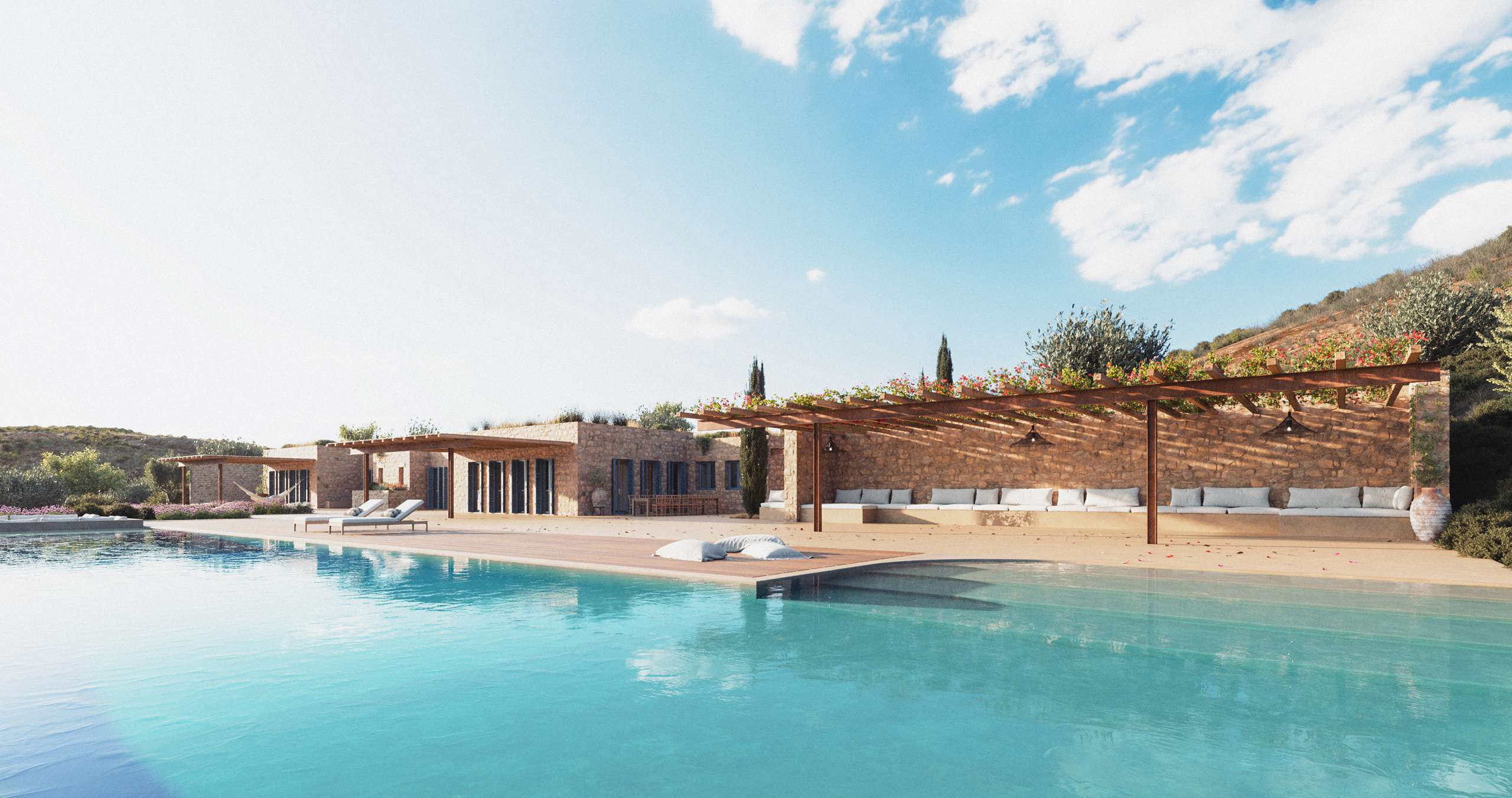 3D rendering of a stone villa and shaded terrace beside a swimming pool