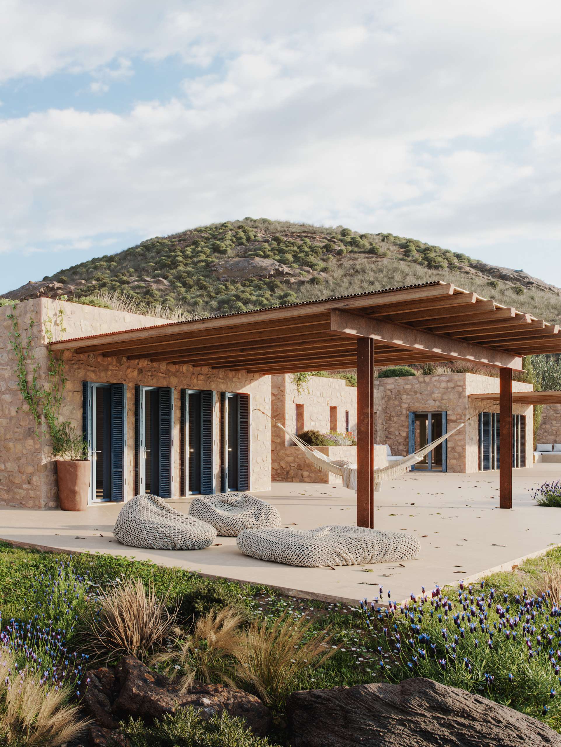 3D rendering of a stone villa terrace shaded by a timber pergola