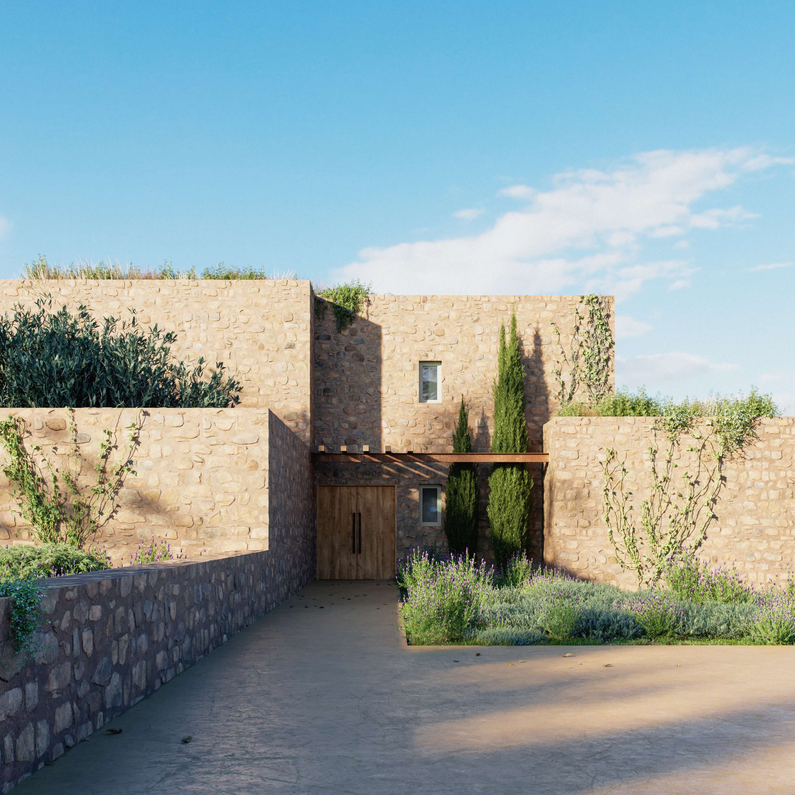 Photorealistic exterior 3D Rendering of a modern house made of stone in a Greek Island. Luxury villa with sea view and beautiful landscape. Real Estate residential project. Still CG Image produced by Scuares, an architectural visualization studio
