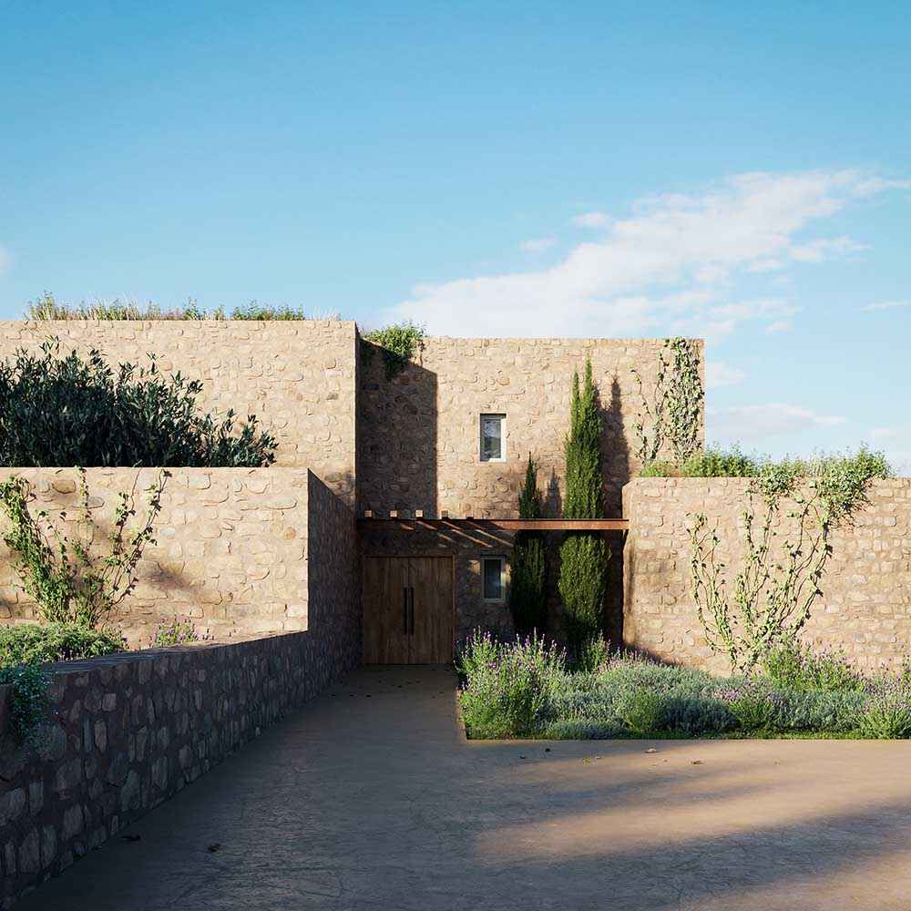 Photorealistic exterior 3D Rendering of a modern house made of stone in a Greek Island. Luxury villa with sea view and beautiful landscape. Real Estate residential project. Still CG Image produced by Scuares, an architectural visualization studio