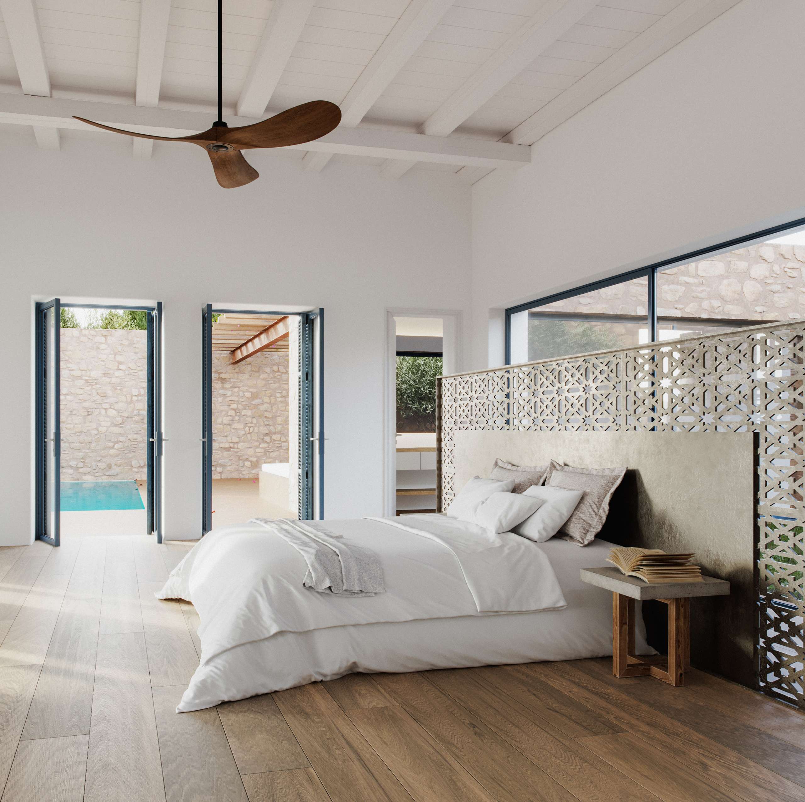 3D rendering of a bedroom with exposed white beams opening onto a pool terrace