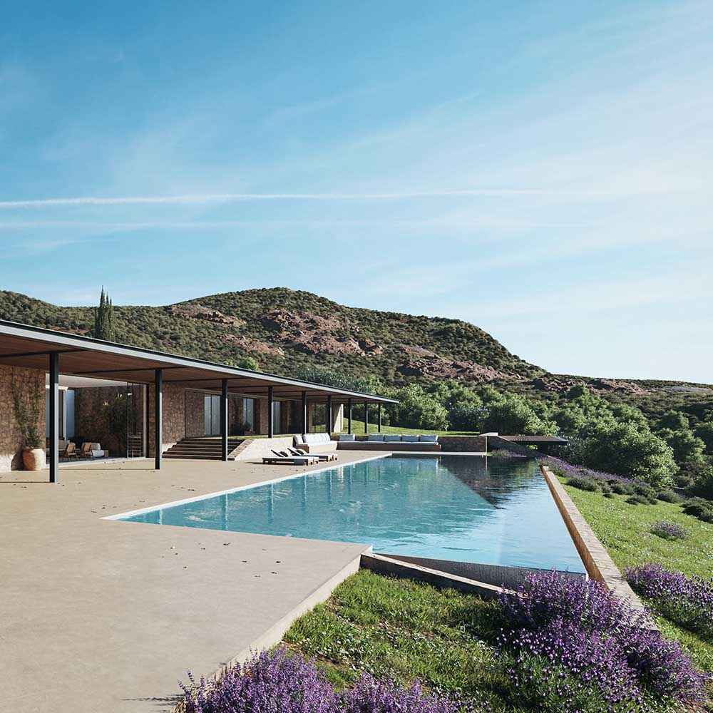 Photorealistic exterior 3D Rendering of a modern house made of stone in a Greek Island. Luxury villa with sea view and beautiful landscape. Still CG Image produced by Scuares, an architectural visualization studio