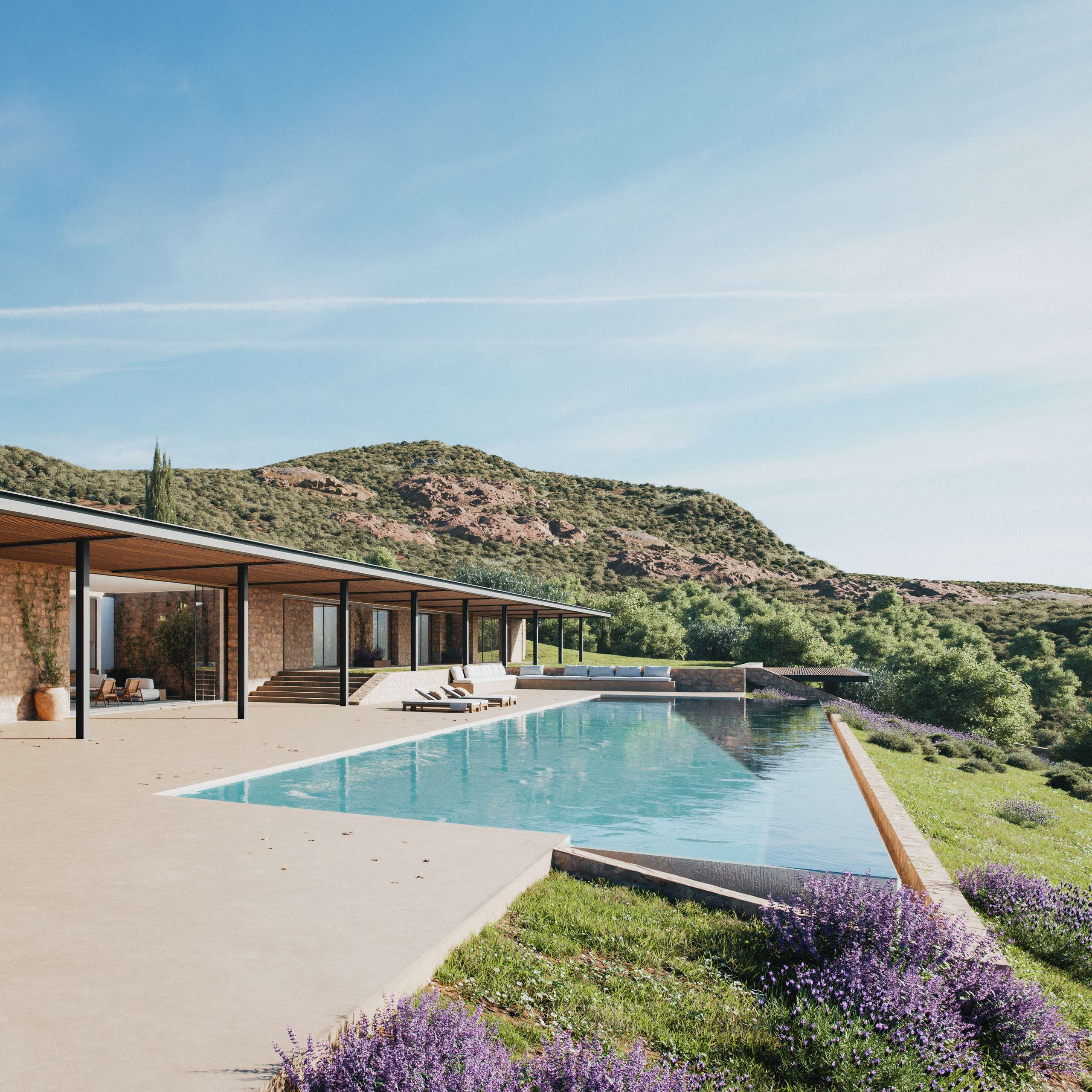 3D rendering of a hillside villa and infinity pool beneath a shaded terrace