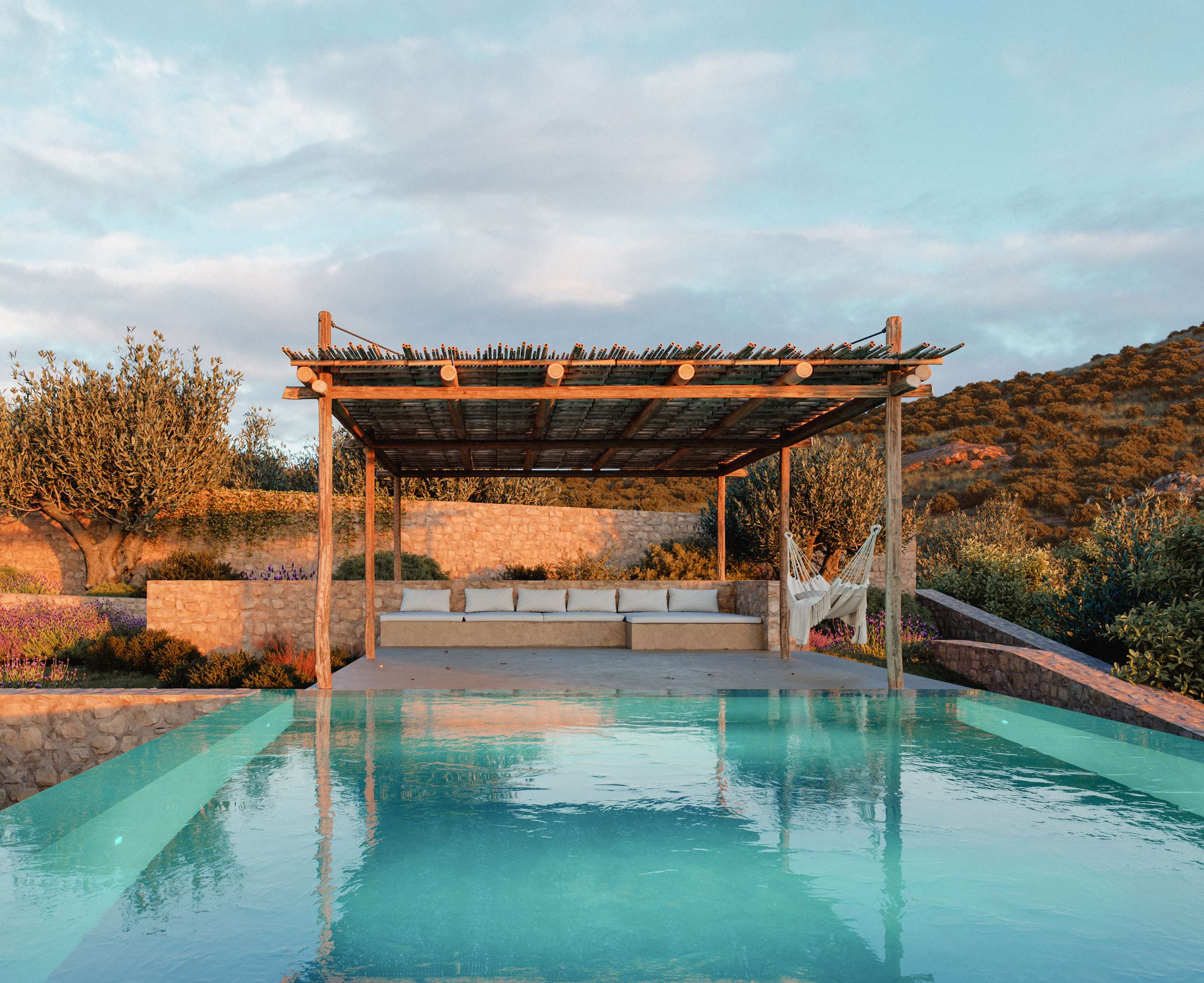3D rendering of a timber pergola reflected in a swimming pool
