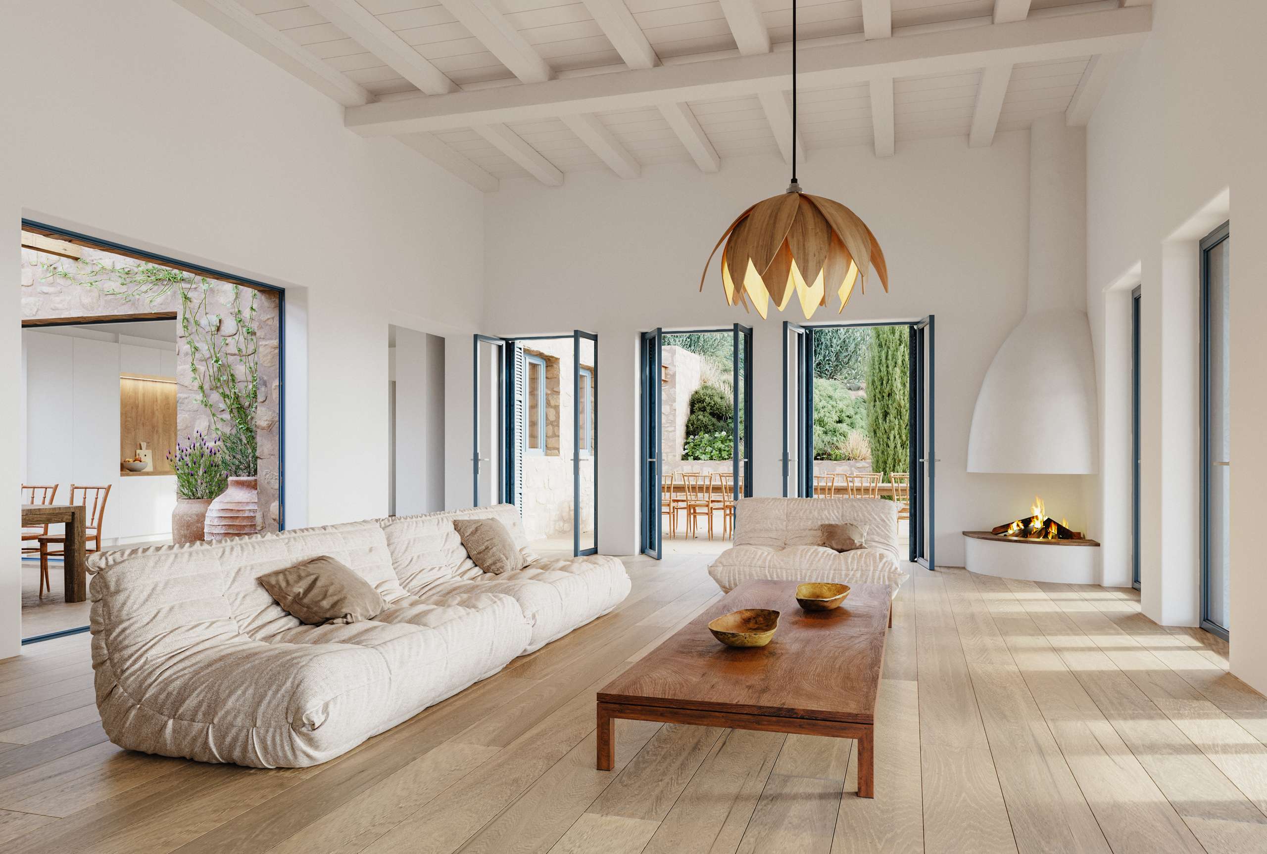 3D rendering of a bright living room with a white timber ceiling and woven pendant light