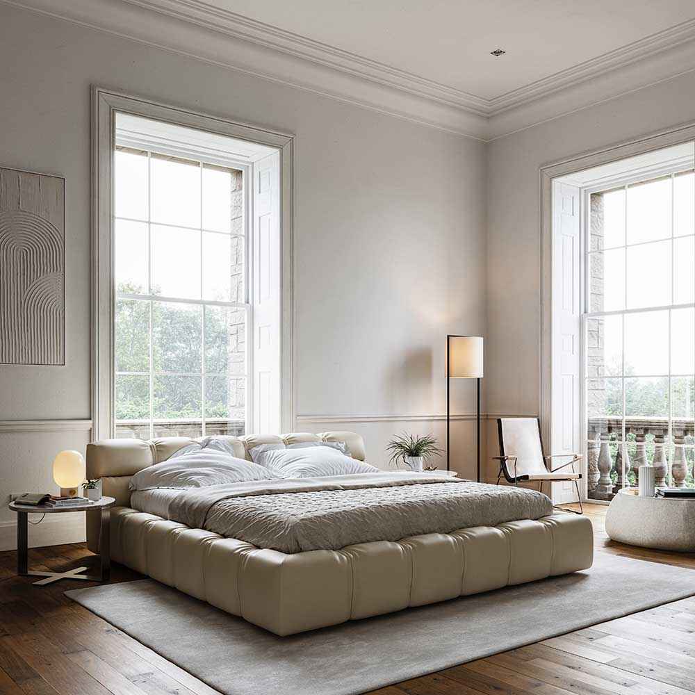 Photorealistic interior 3D Rendering of a modern dining room in an apartment in Berlin, designed by JM Designs. Mix of contemporary furniture with classical architecture. Real Estate residential project. Still CG Image produced by Scuares, an architectural visualization studio