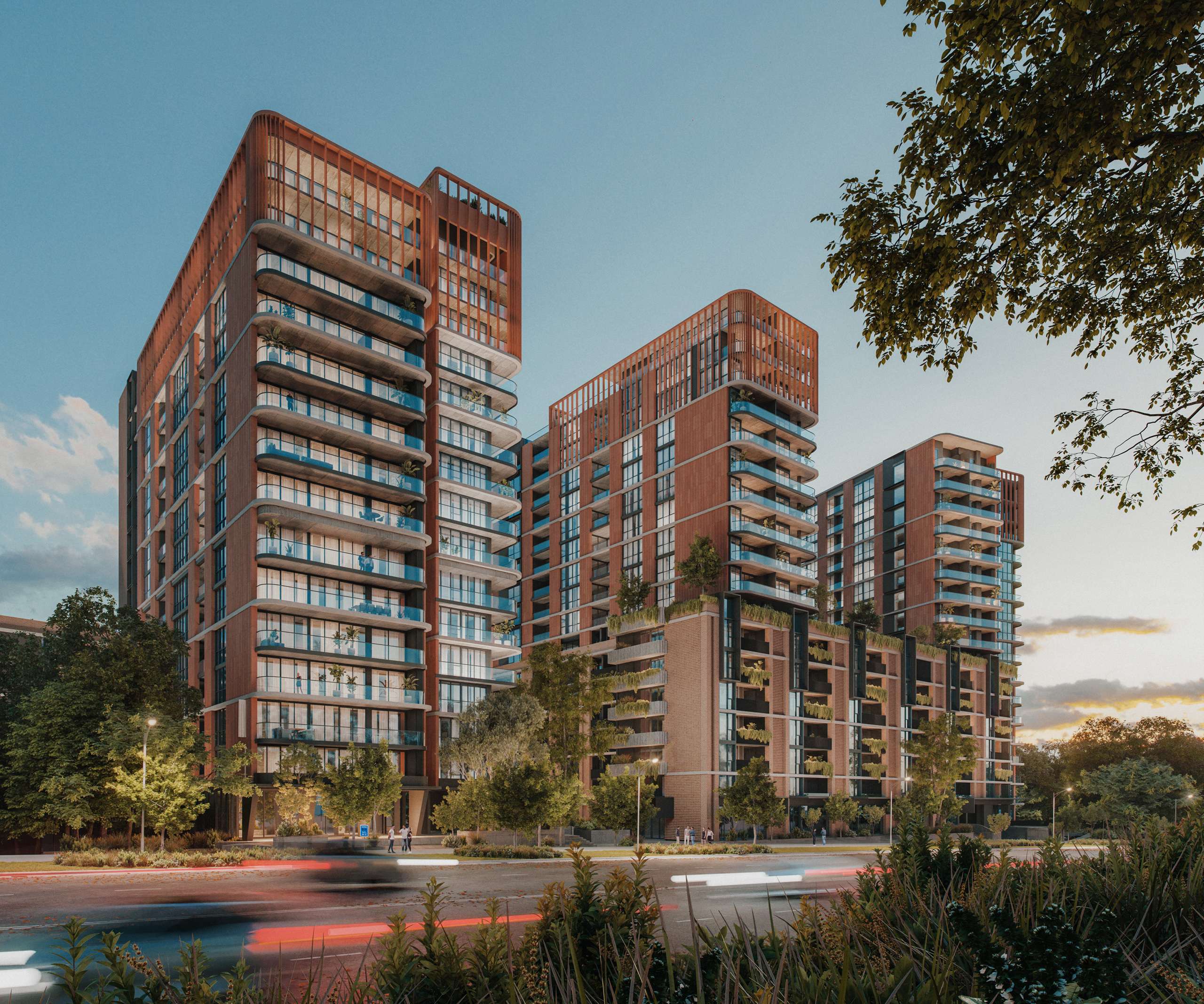 Dusk 3D rendering of residential towers beside a landscaped street