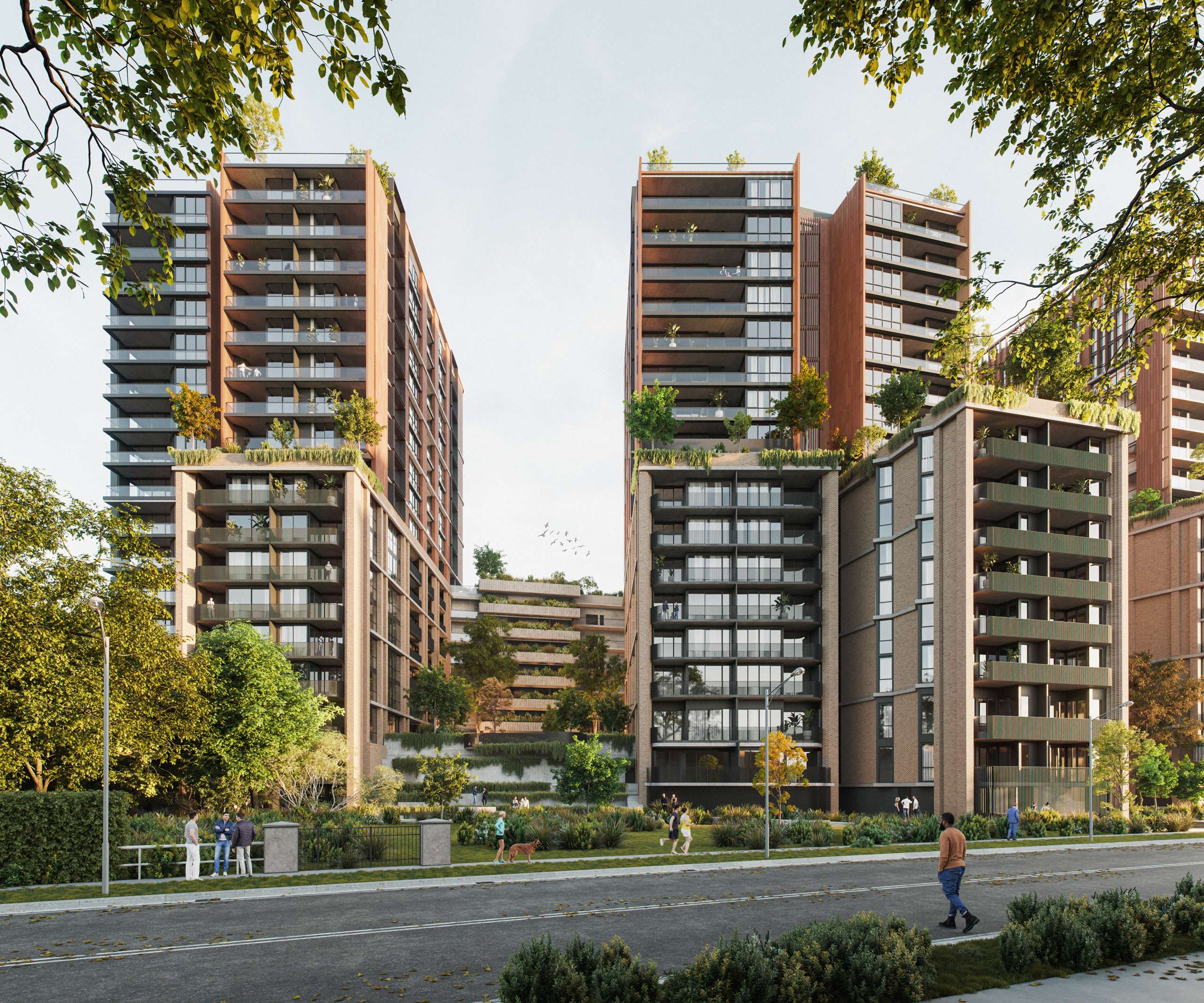 3D rendering of apartment towers with planted balconies beside a tree-lined street