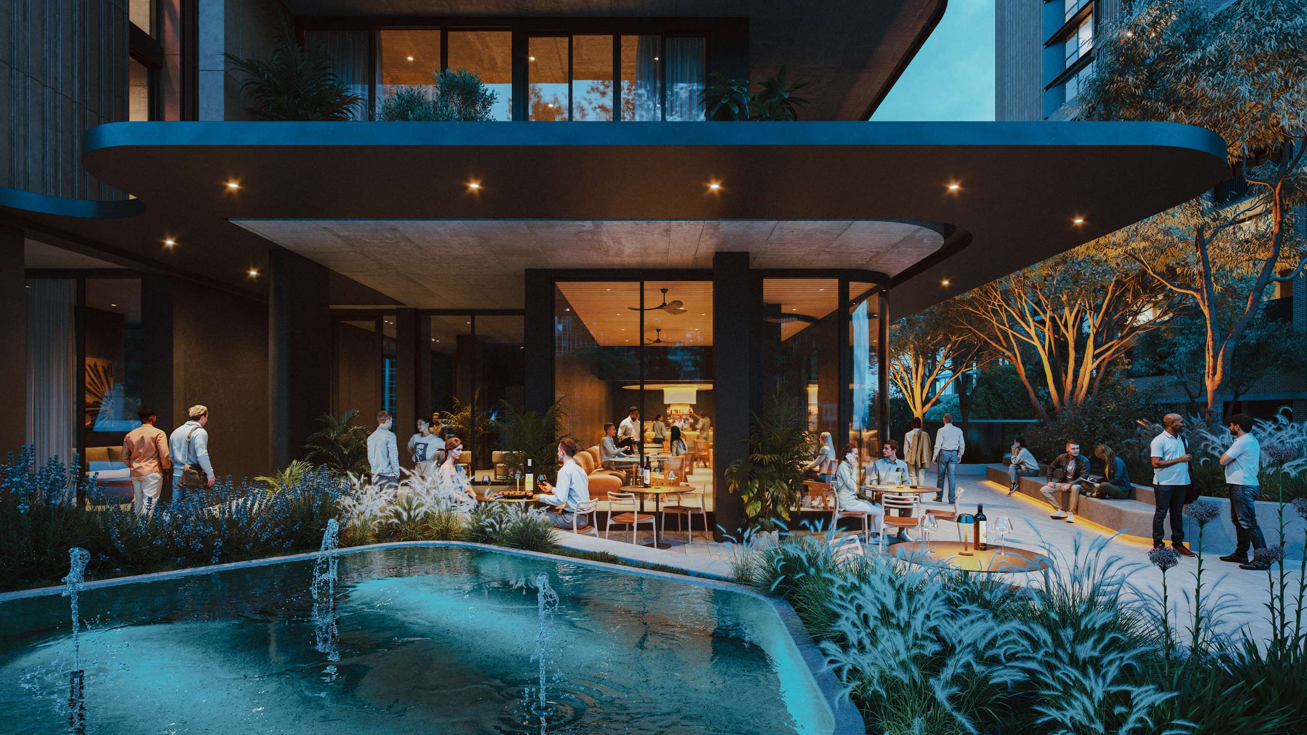 Evening 3D rendering of an outdoor restaurant terrace beside a fountain