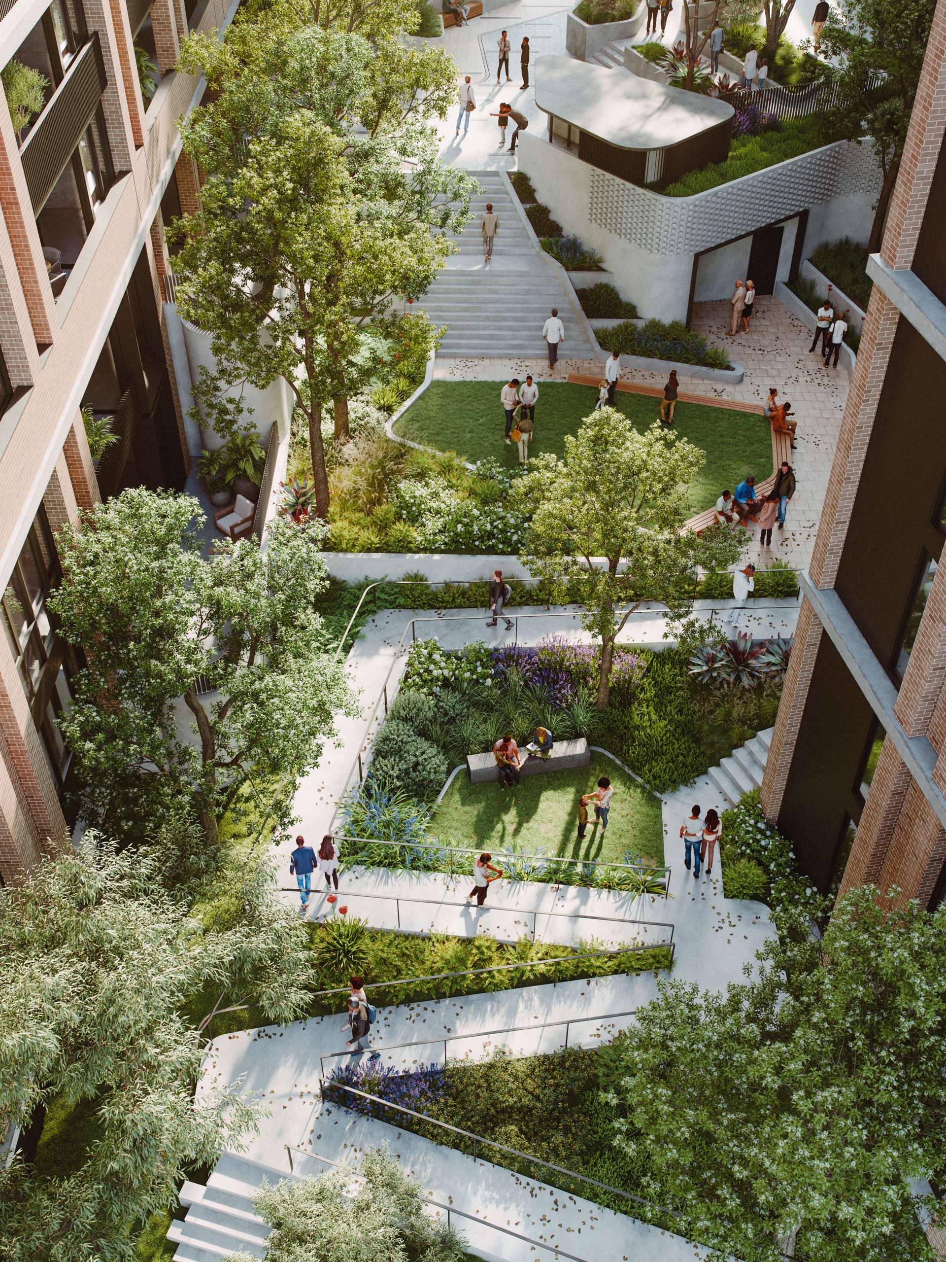 3D rendering of landscaped walkways and seating between apartment buildings