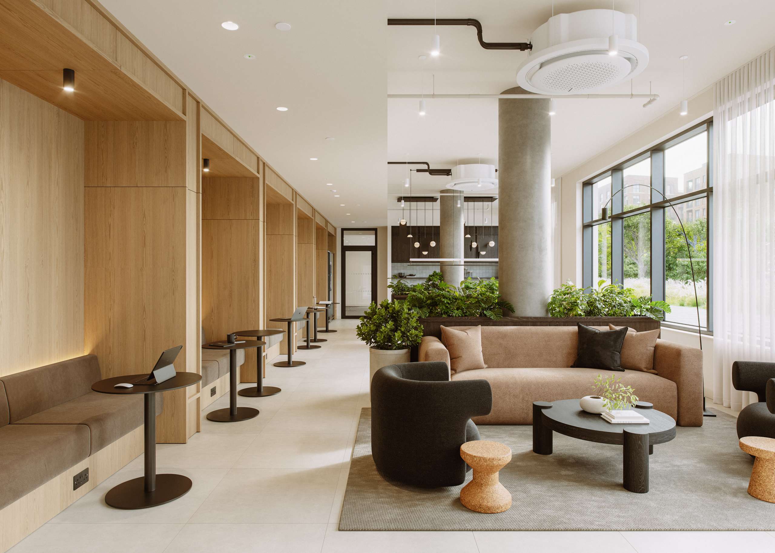 Daylit 3D rendering of a shared lounge with timber booths and window-side seating