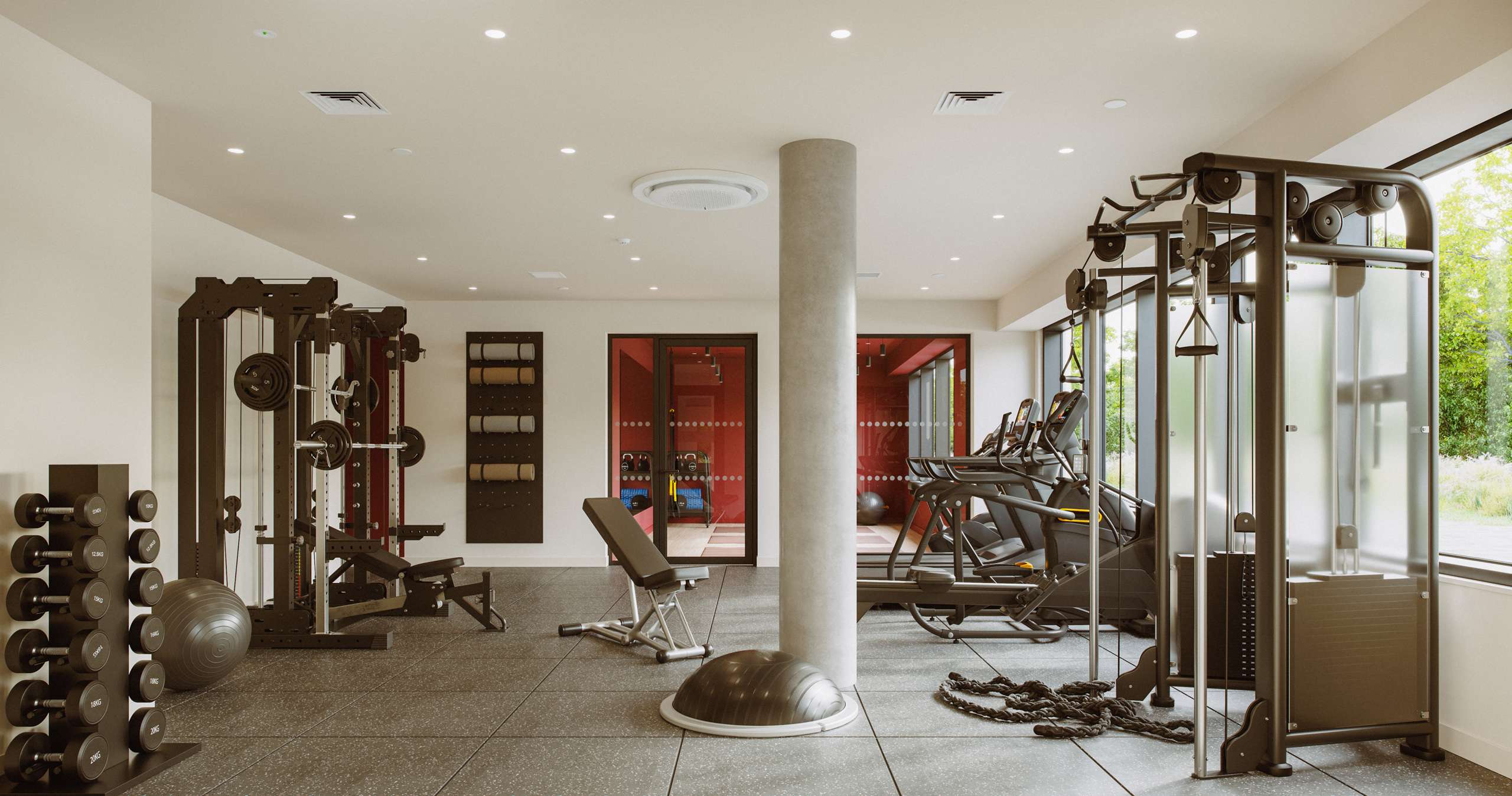 3D rendering of a gym with weights and exercise machines beside large windows
