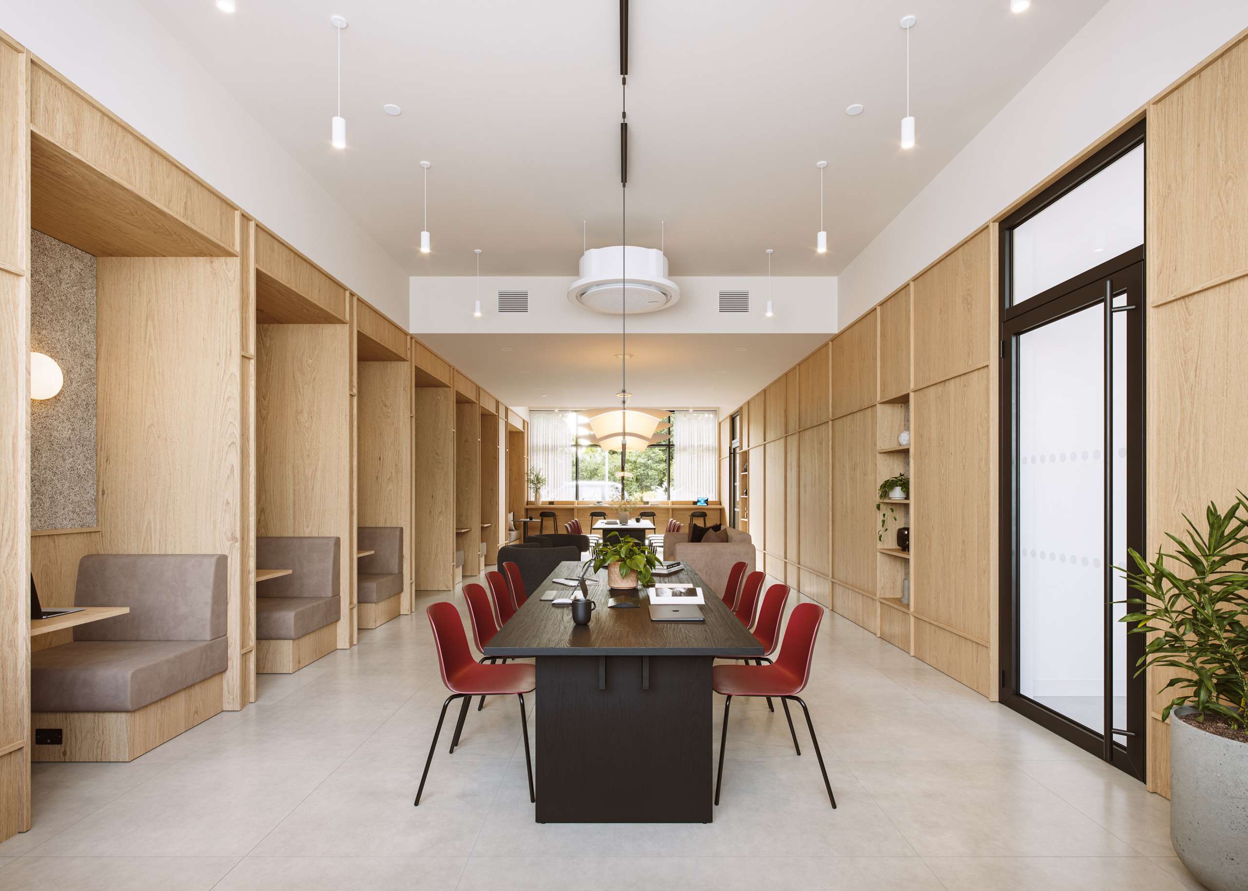 Daylit 3D rendering of a shared study table between timber-lined booths