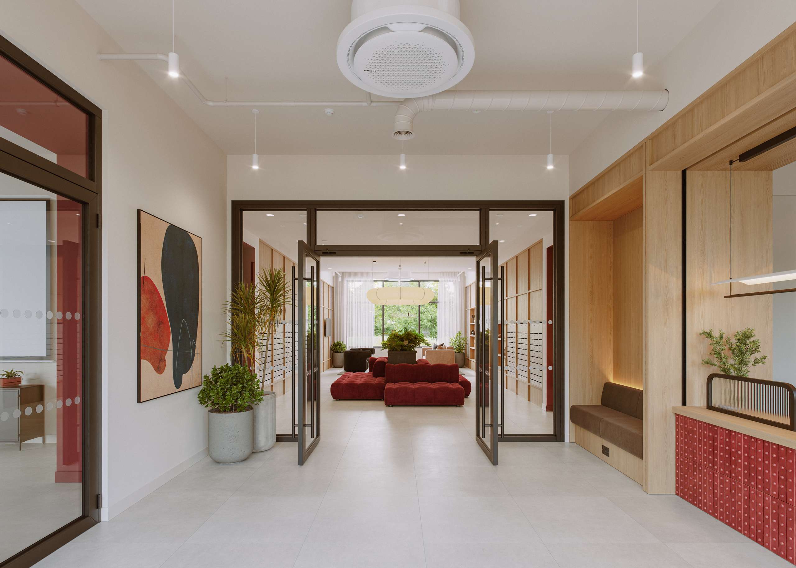 3D rendering of a lobby with timber paneling and red seating