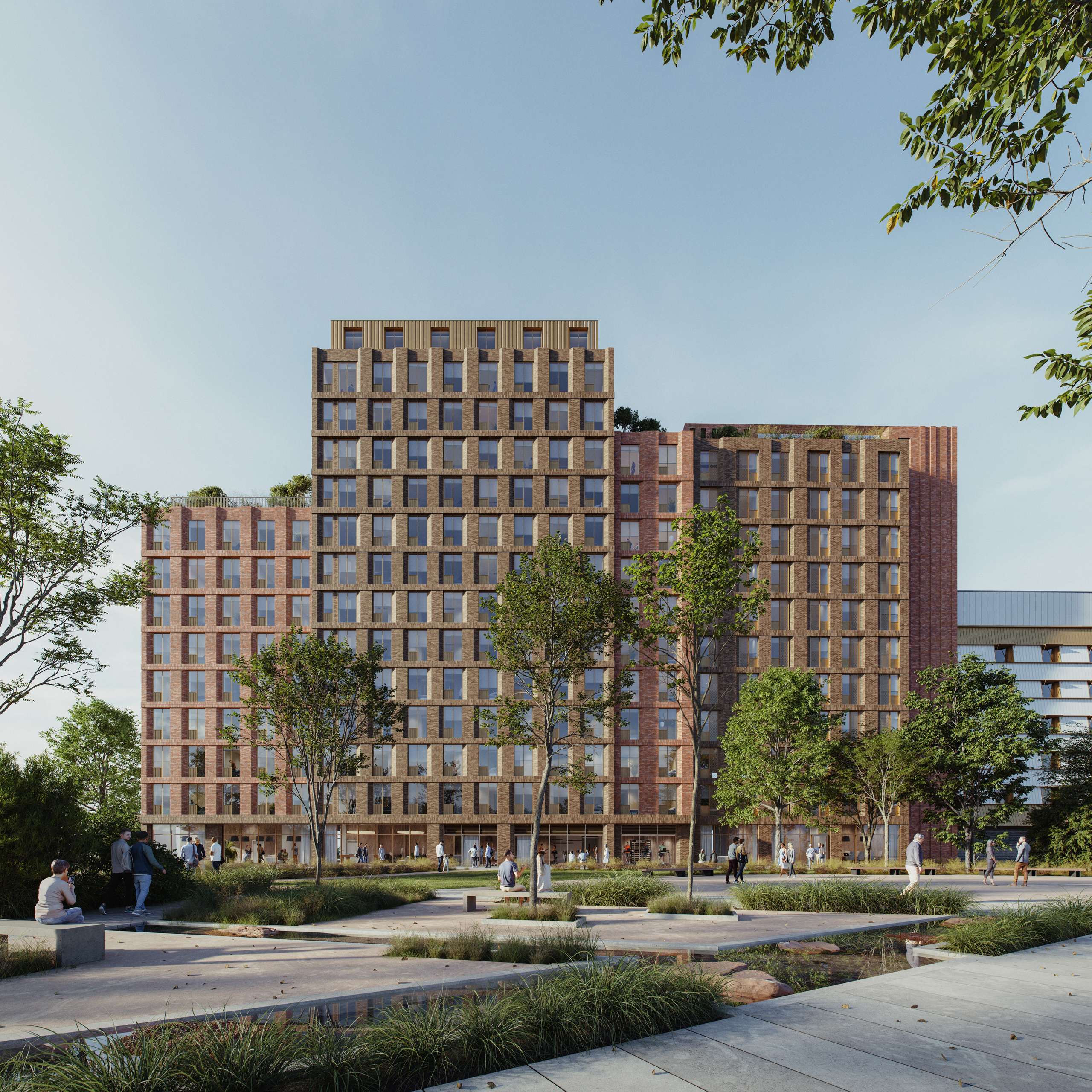 3D rendering of a brick residential building overlooking landscaped park paths