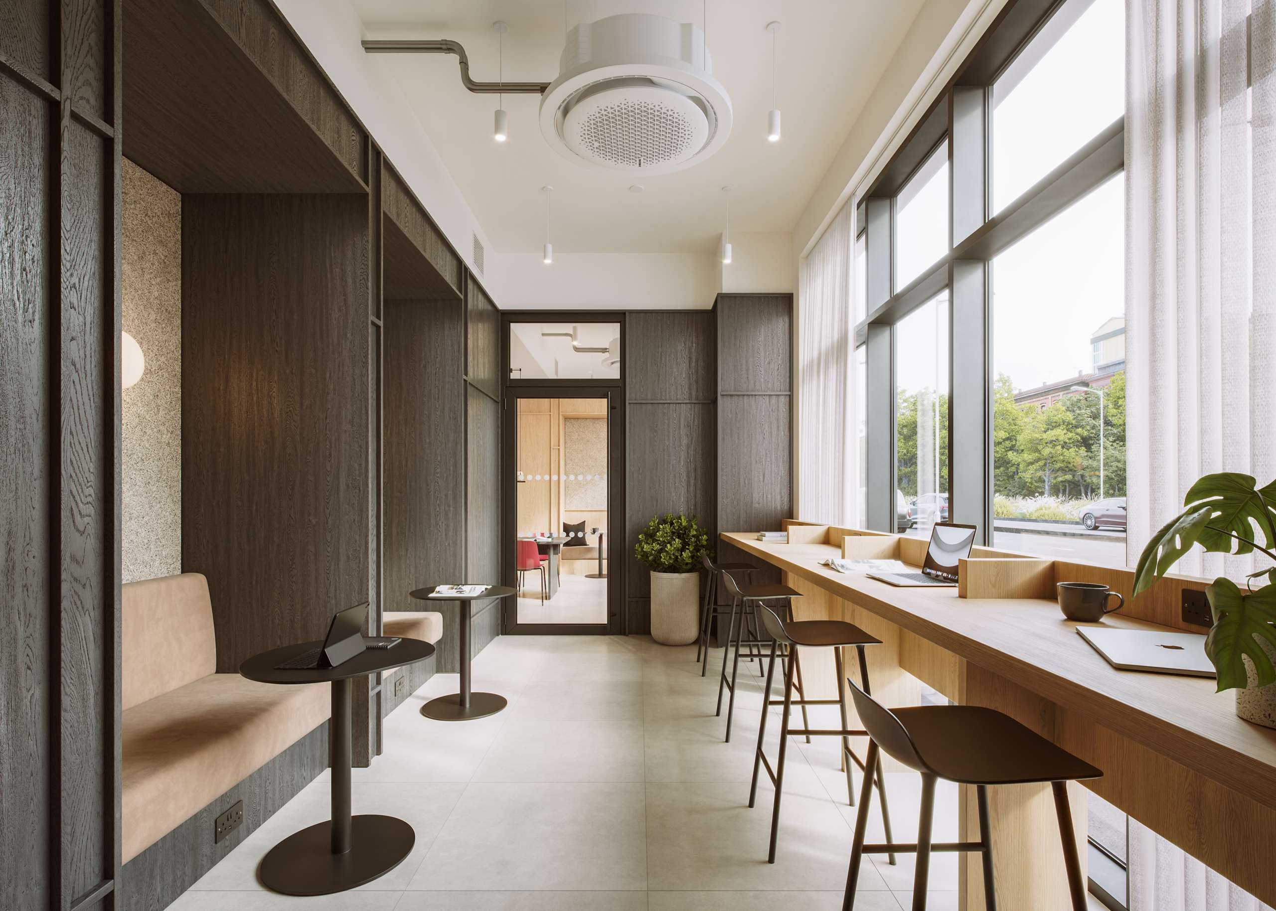 3D rendering of a quiet study area with booths and a long window-side desk
