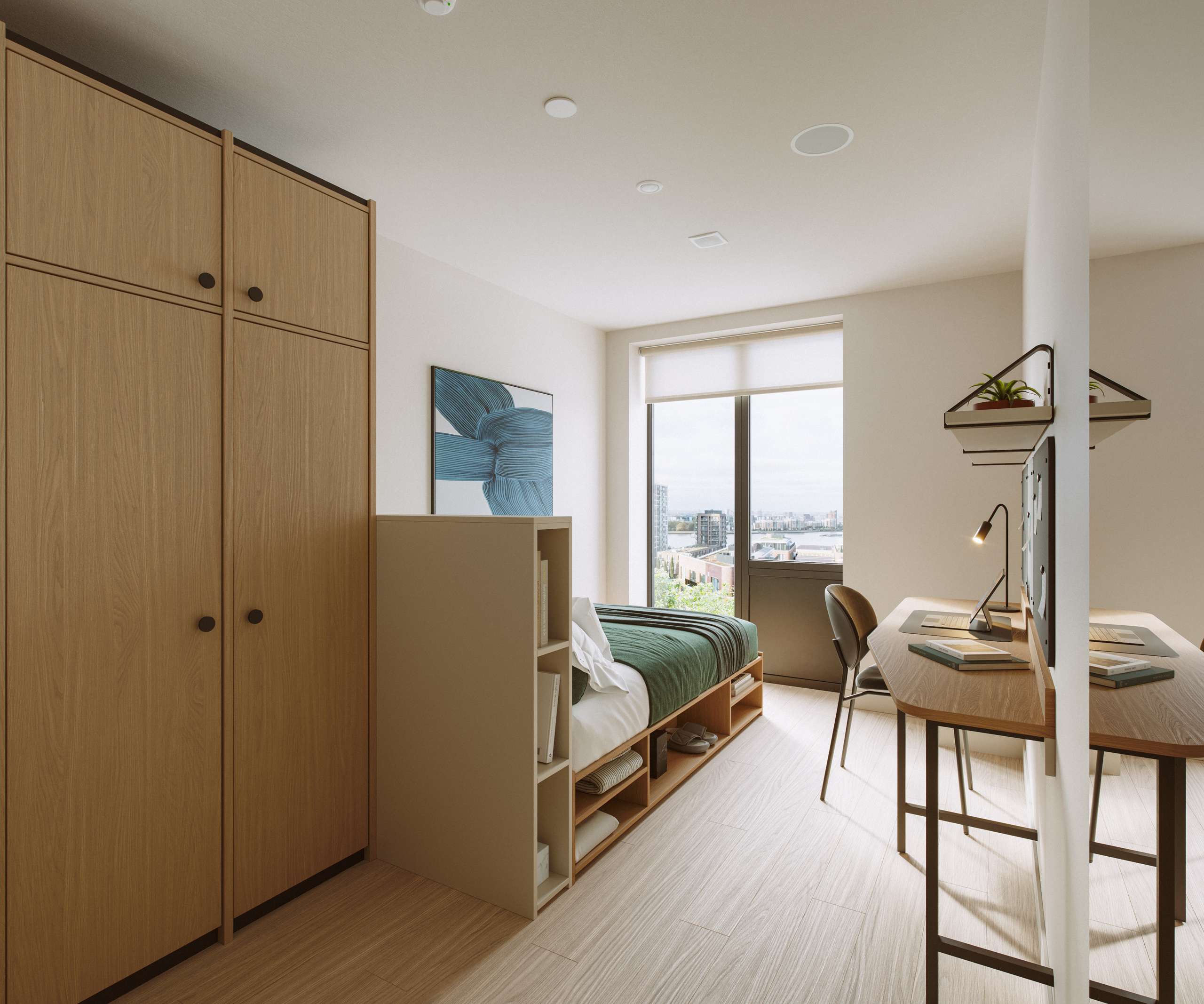 3D rendering of a compact bedroom with timber storage and a desk beside the window