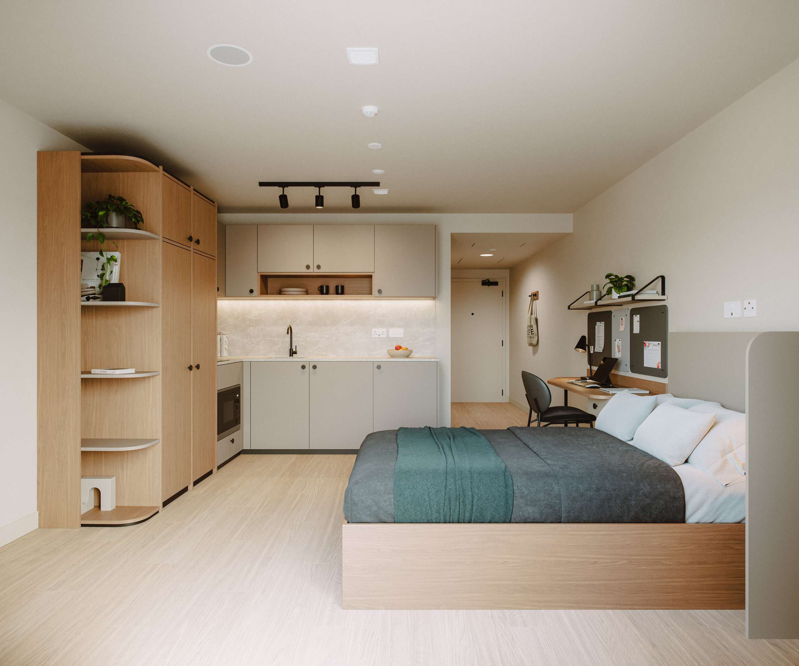 3D rendering of a studio bedroom with a kitchenette and a teal bedspread
