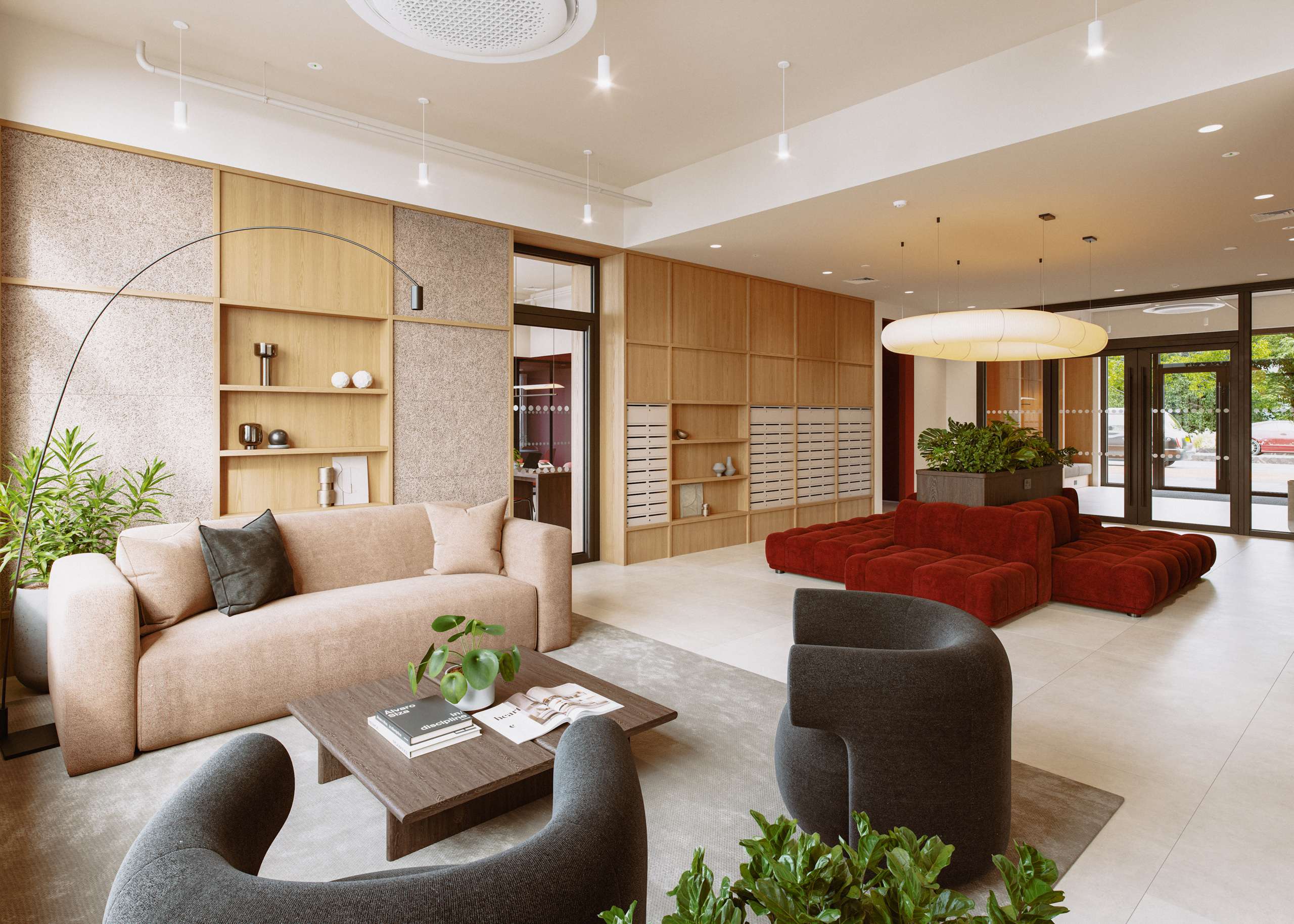 3D rendering of a shared lounge with curved sofas and timber shelving