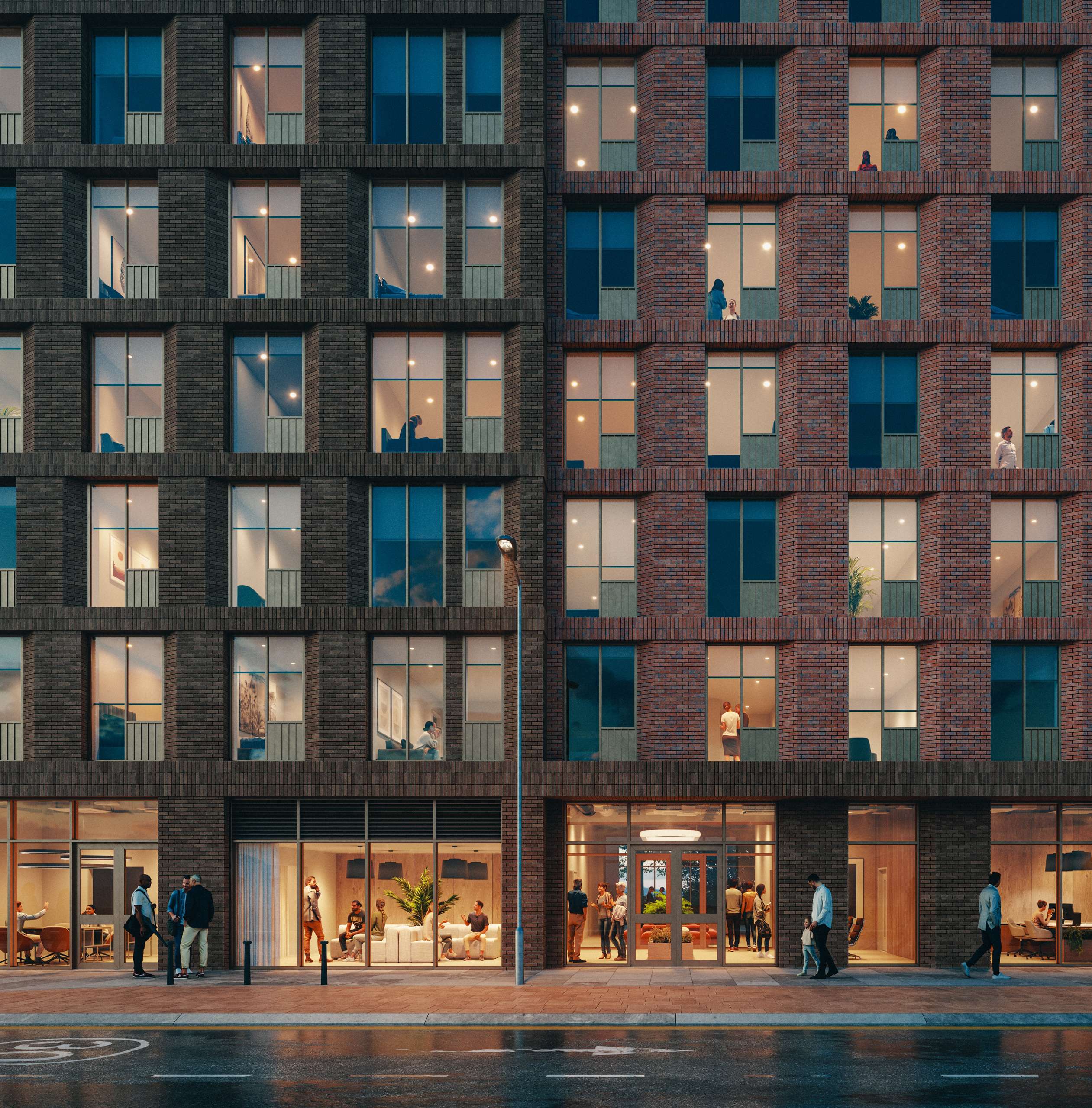 Street-level 3D rendering of a brick facade with illuminated windows and a glazed entrance