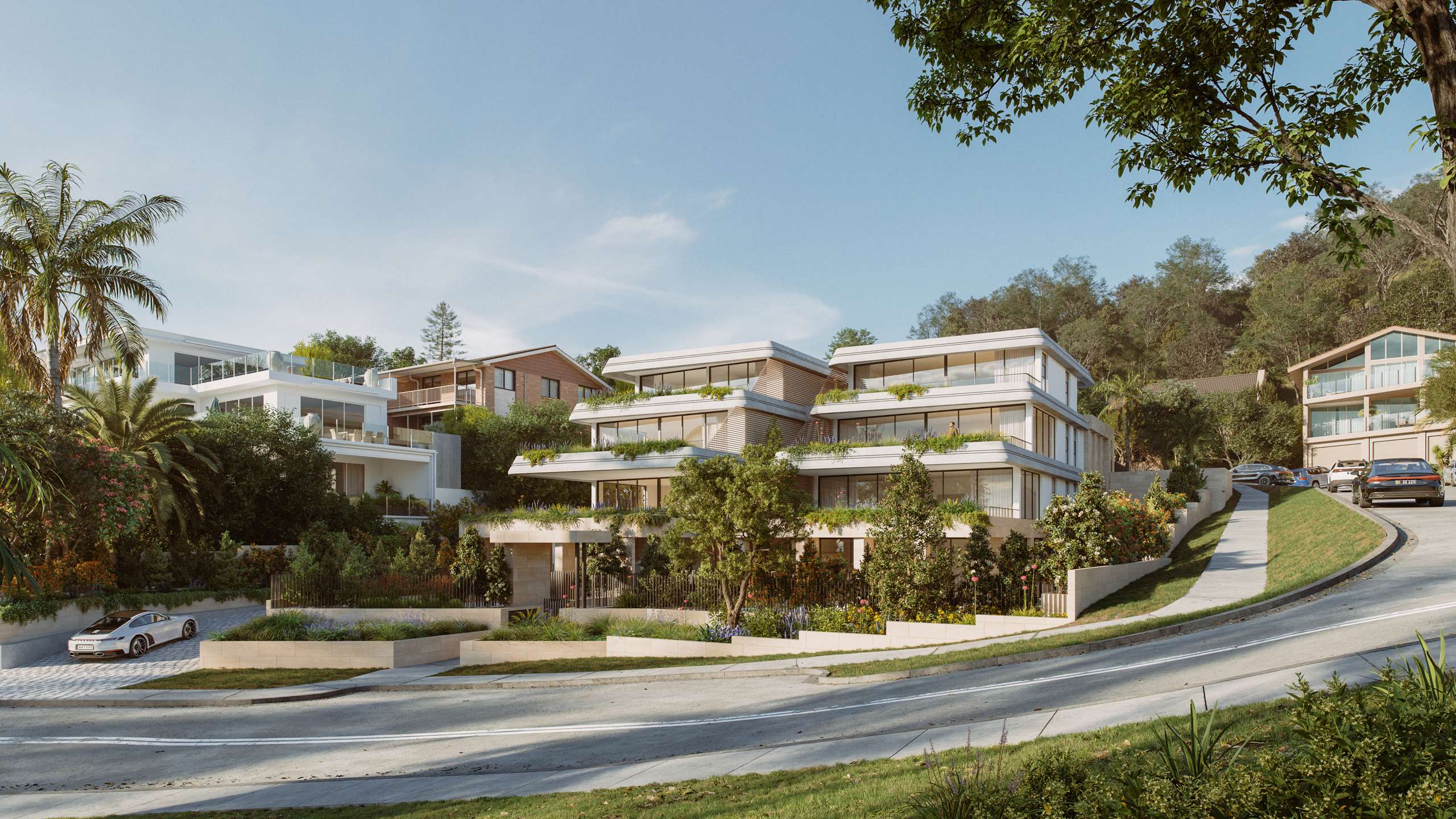 Photorealistic exterior 3D Rendering of a wooden sports complex designed by Transversal Architects and Acte architects. Contemporary facade design. Still CG Image produced by Scuares, an architectural visualization studio