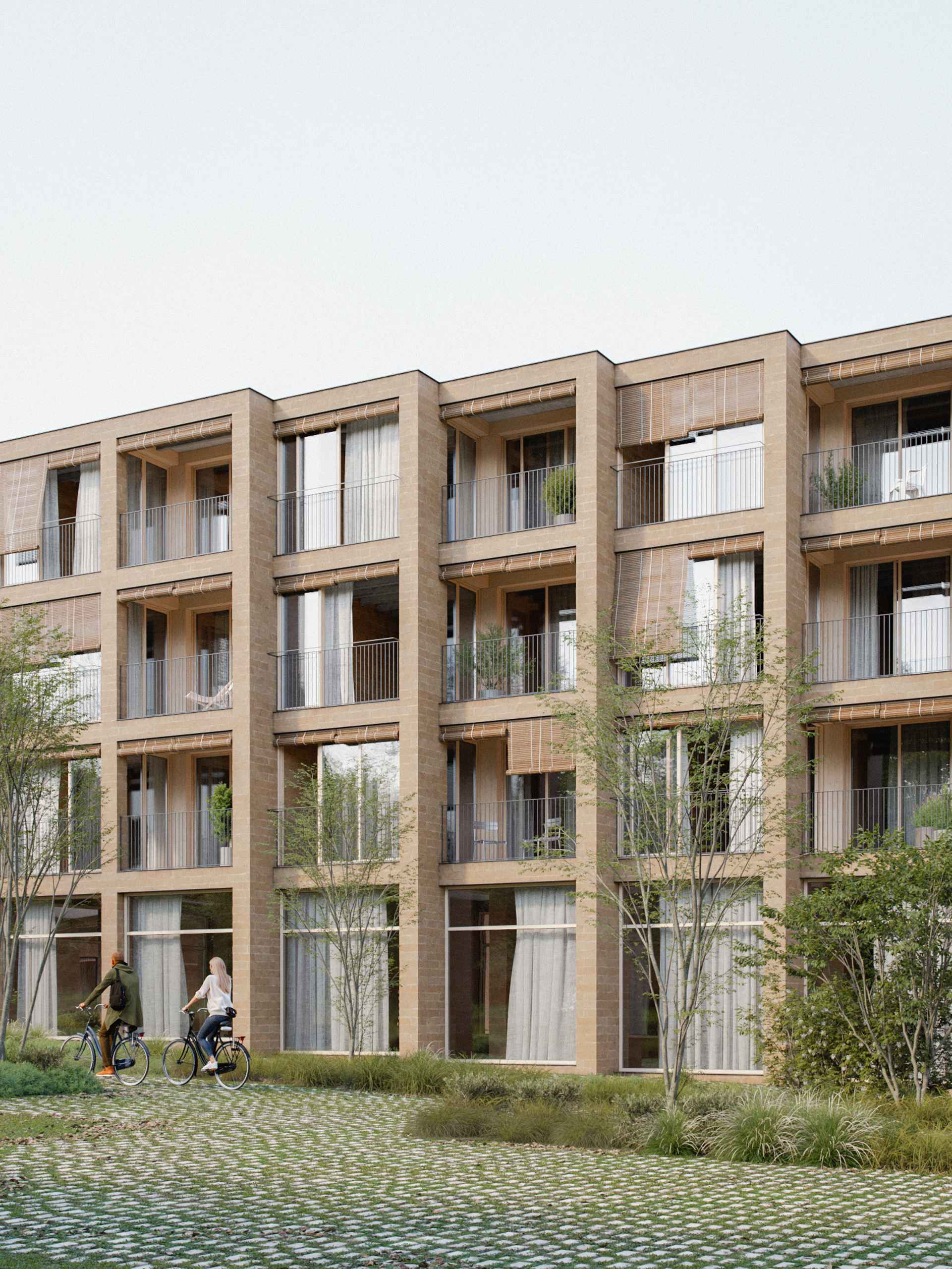 Photorealistic exterior 3D Rendering of a modern multifunctional complex in an urban context in Washington. View from a human eye level. Still CG image produced by Scuares, an architectural visualization studio