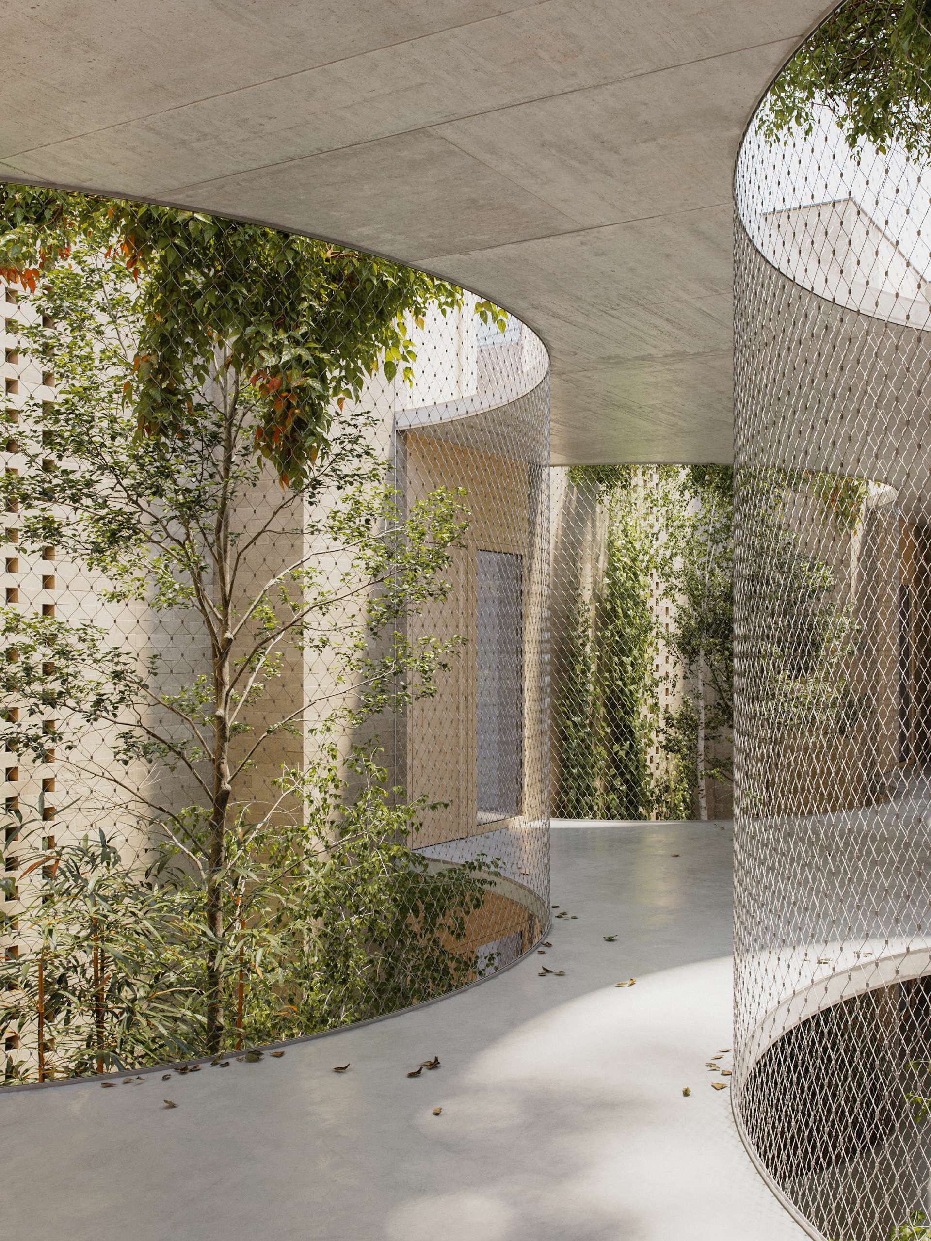 3D rendering of a shaded residential passage with circular skylights and climbing plants