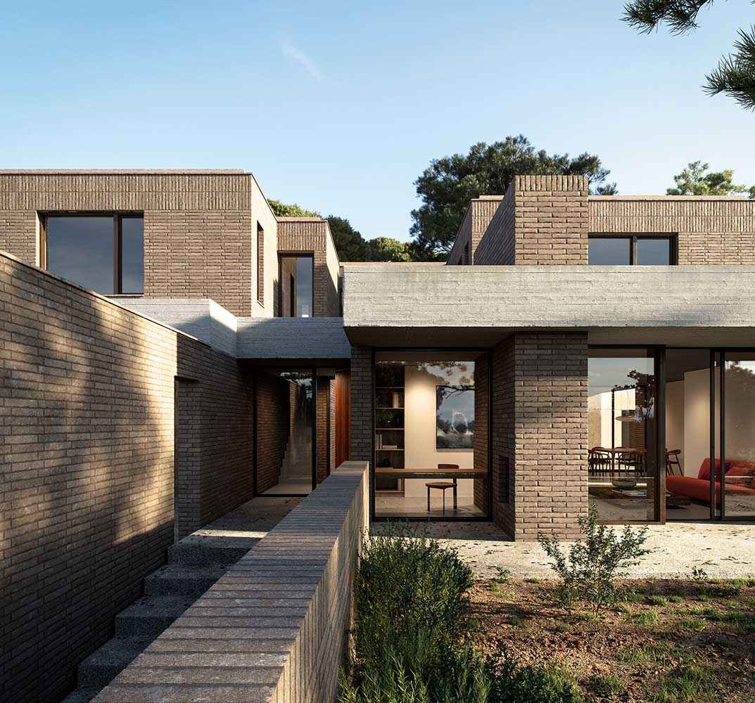 Photorealistic exterior 3D Rendering of a modern house made of brick designed by Bergnes de las Casas Architects. Contemporary design building.Residential architecture. Still CG Image produced by Scuares, an architectural visualization studio