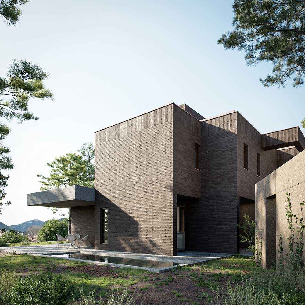 Photorealistic exterior 3D Rendering of a modern house made of brick designed by Bergnes de las Casas Architects. Contemporary design building.Residential architecture. Still CG Image produced by Scuares, an architectural visualization studio