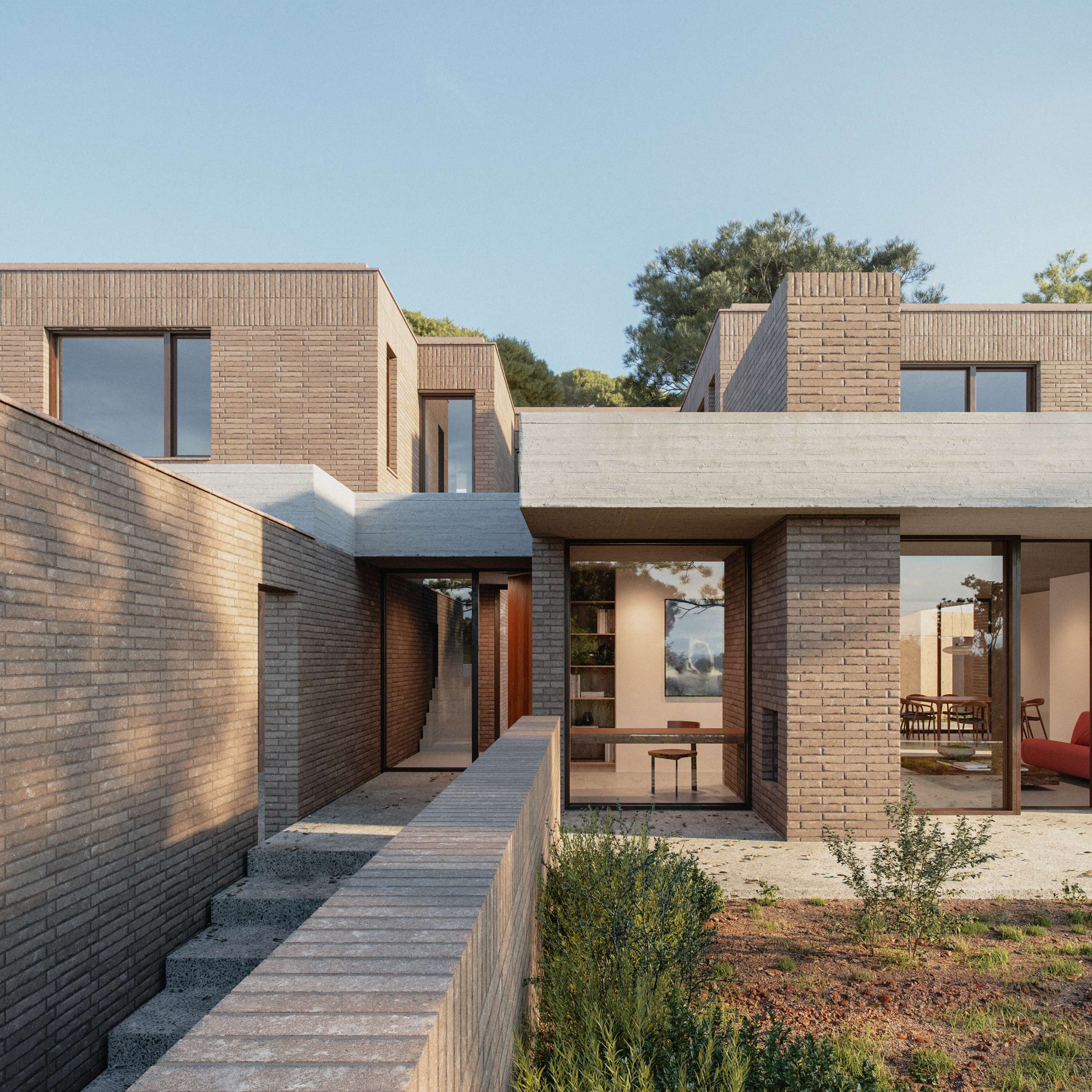 3D rendering of a brick house entrance reached by a stepped walkway