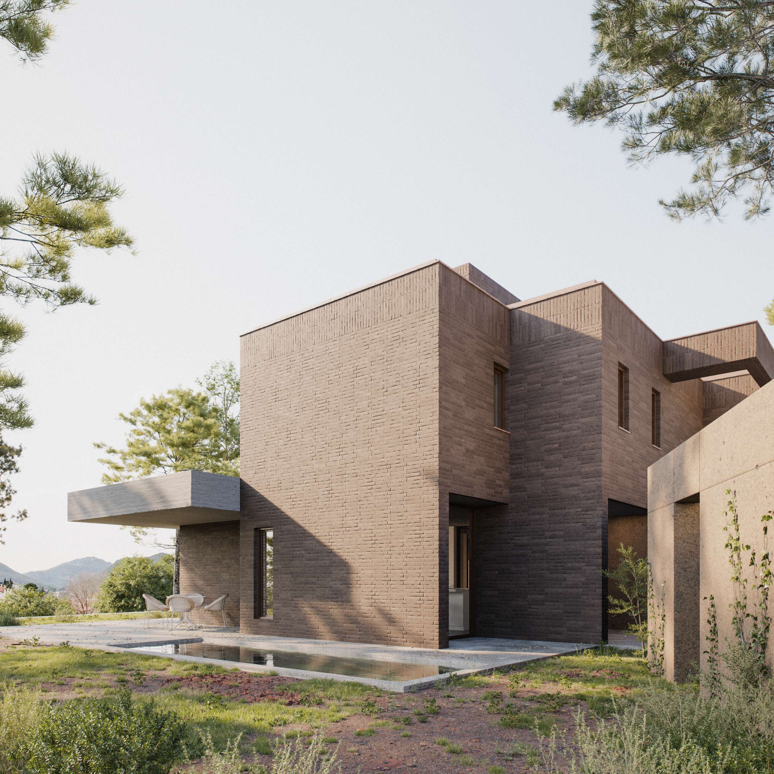 3D rendering of an angular brick house with a shaded terrace among pine trees