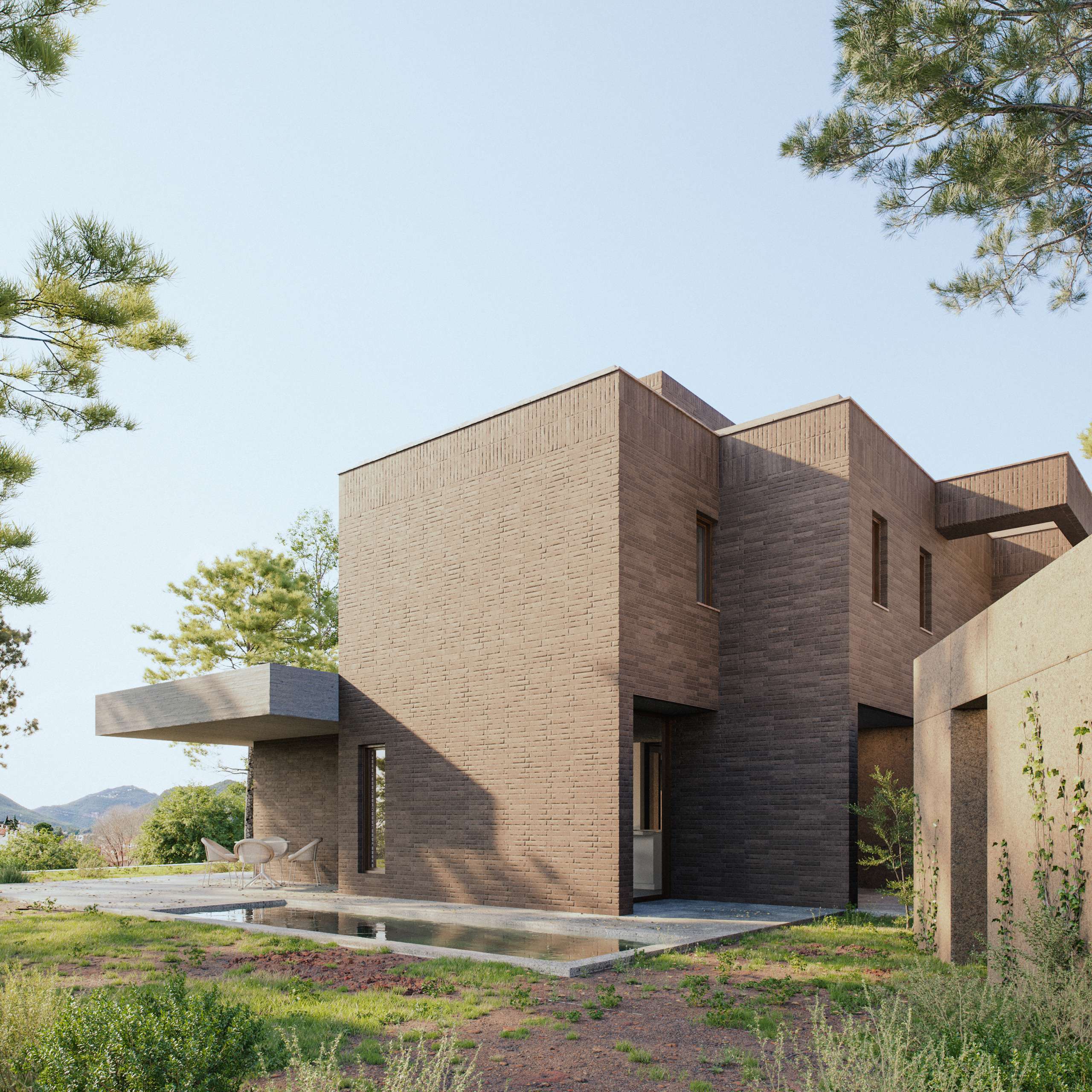 3D rendering of an angular brick house with a shaded terrace among pine trees