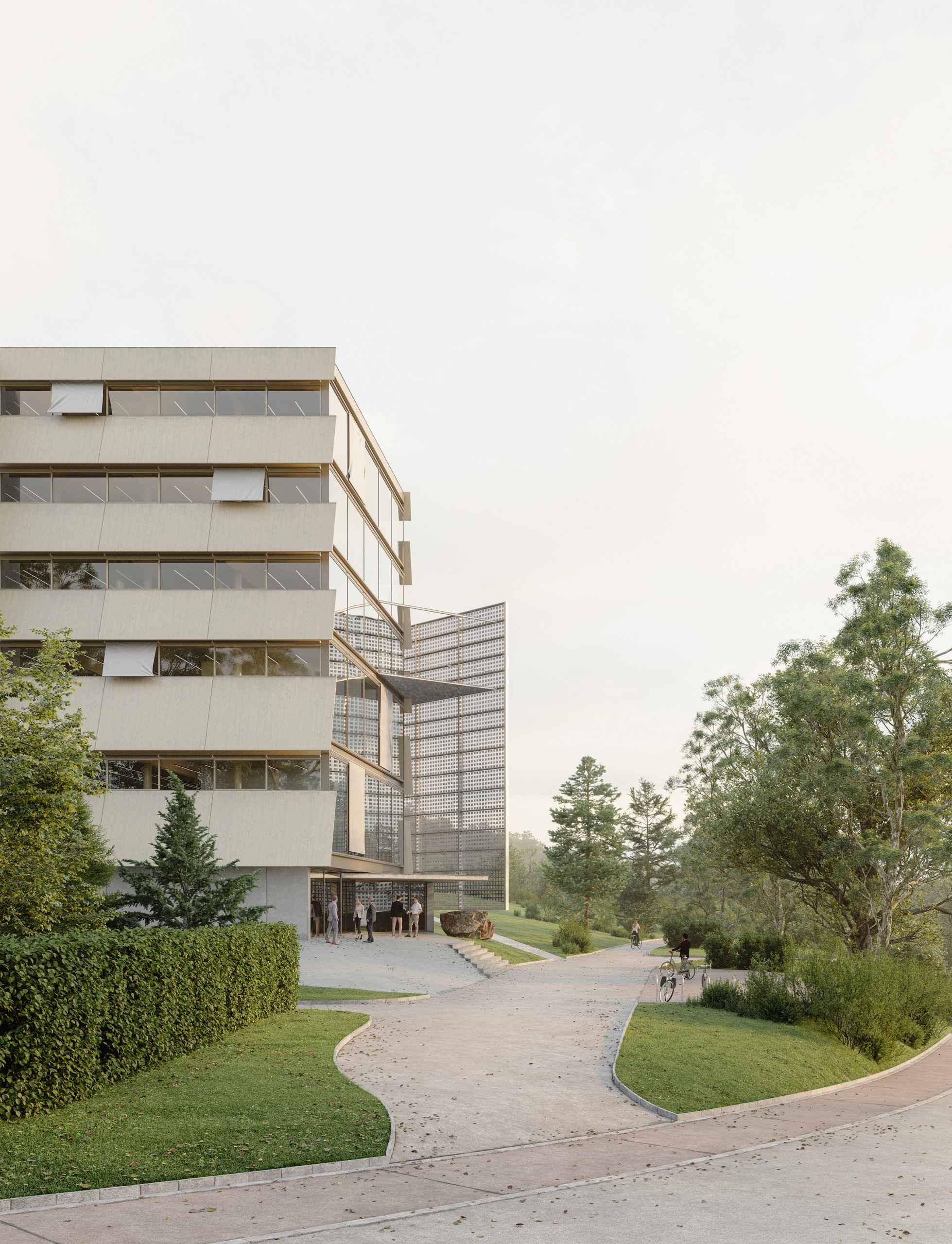 Aerial photorealistic exterior 3D Rendering of a modern multifunctional complex in an urban context in Washington. Still CG image produced by Scuares, an architectural visualization studio