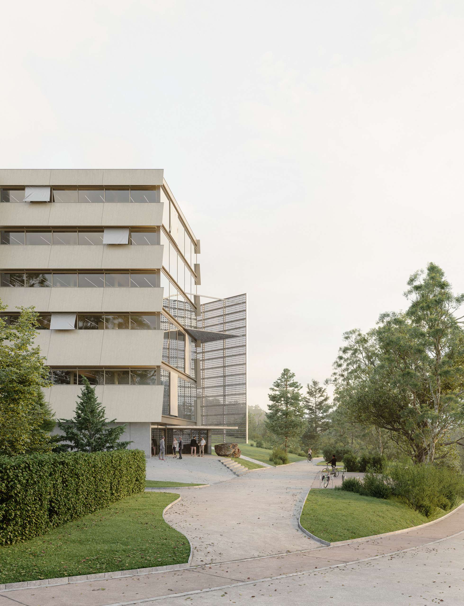 3D rendering of Hinwil Courthouse beyond a curving path and landscaped grounds