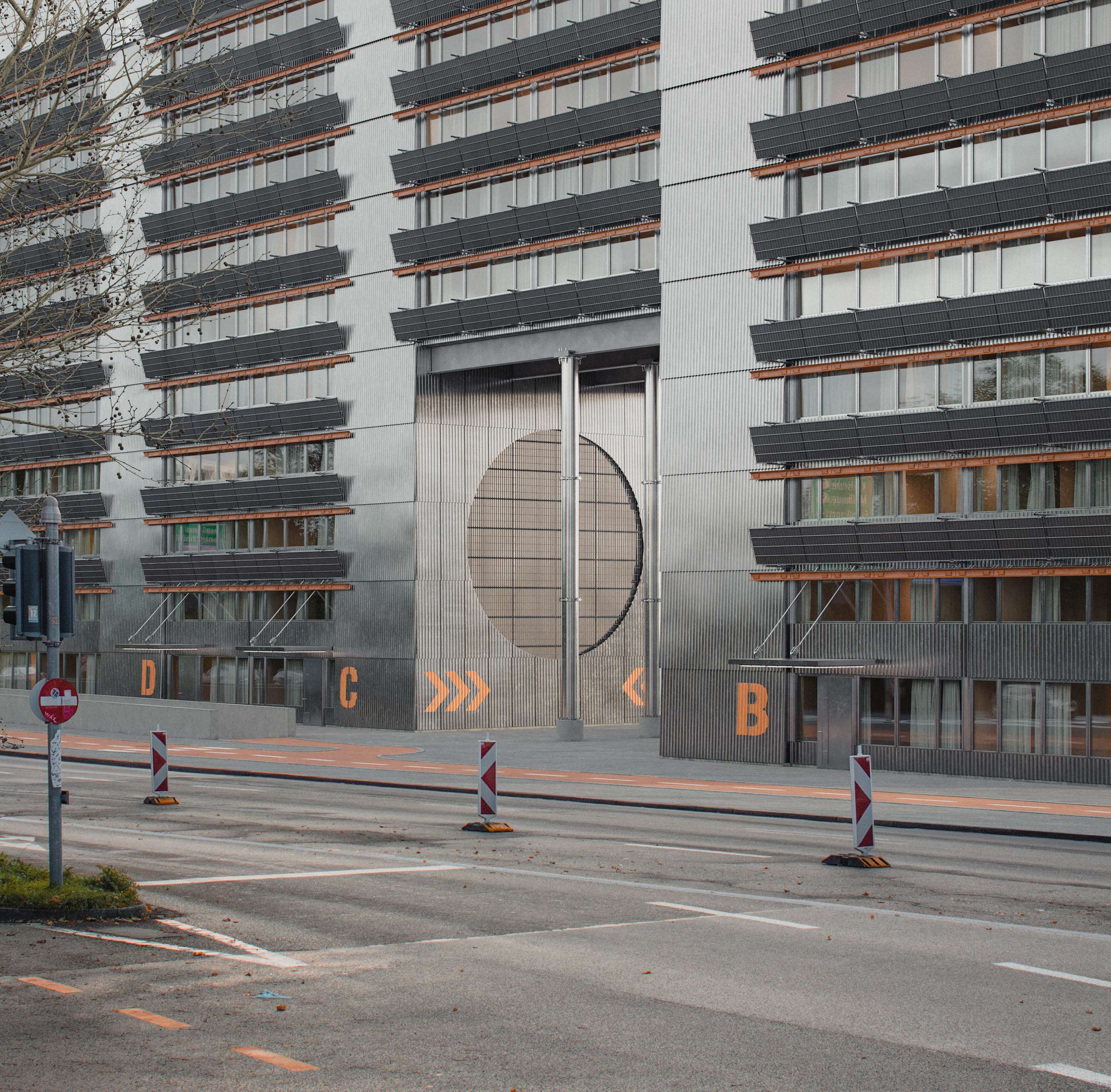 Street-level 3D rendering of the Binaria SBB Wolf façade with a circular entrance