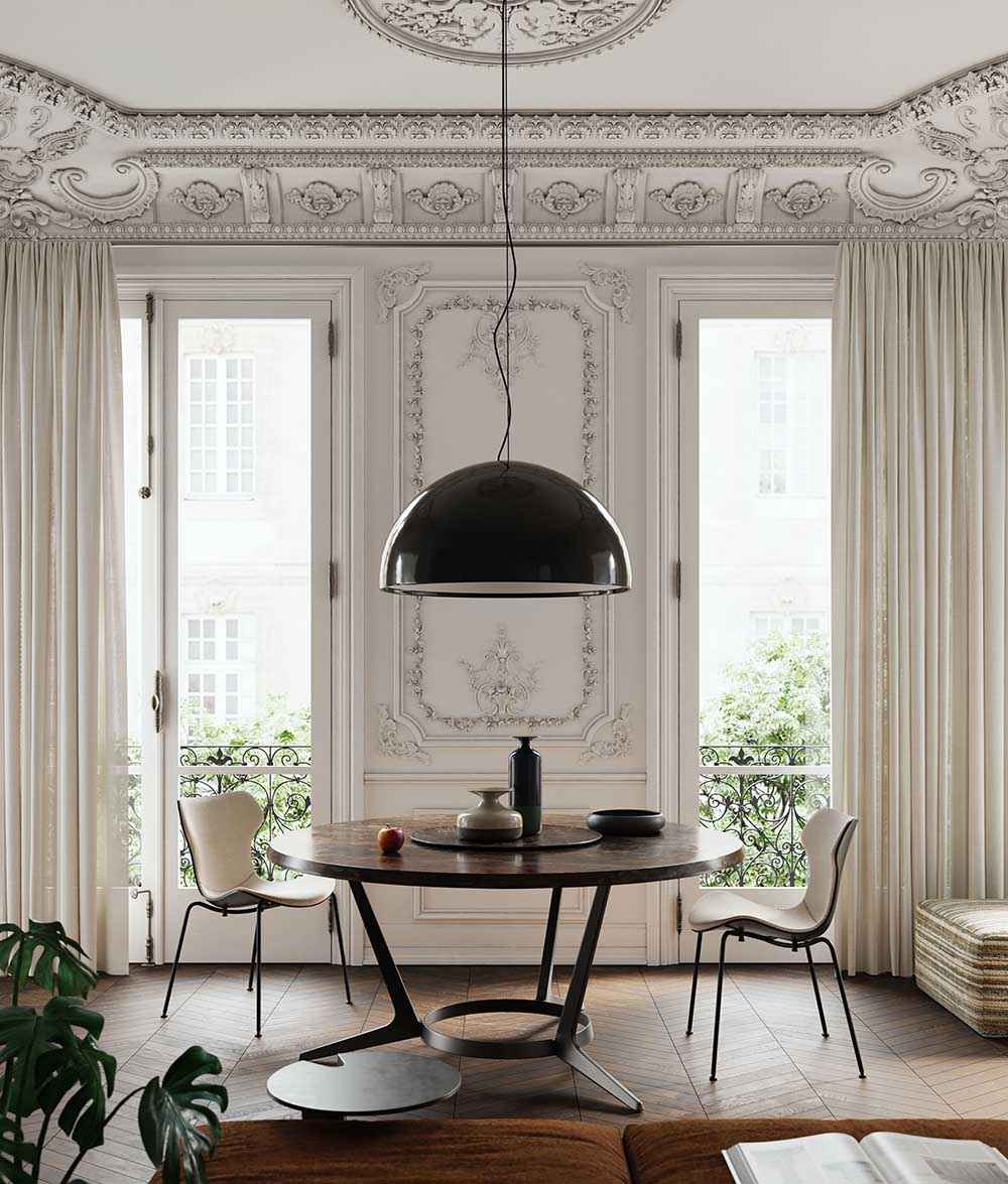 Photorealistic interior 3D Rendering of a modern bedroom in an apartment in Berlin, designed by JM Designs. Mix of contemporary furniture with classical architecture.Real Estate residential project. Still CG Image produced by Scuares, an architectural visualization studio