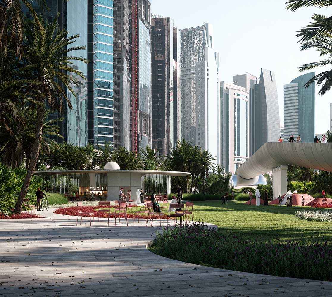 Photorealistic exterior 3D Rendering of a park in Doha designed by Yaseen Raad. Still CG Image produced by Scuares, an architectural visualization studio
