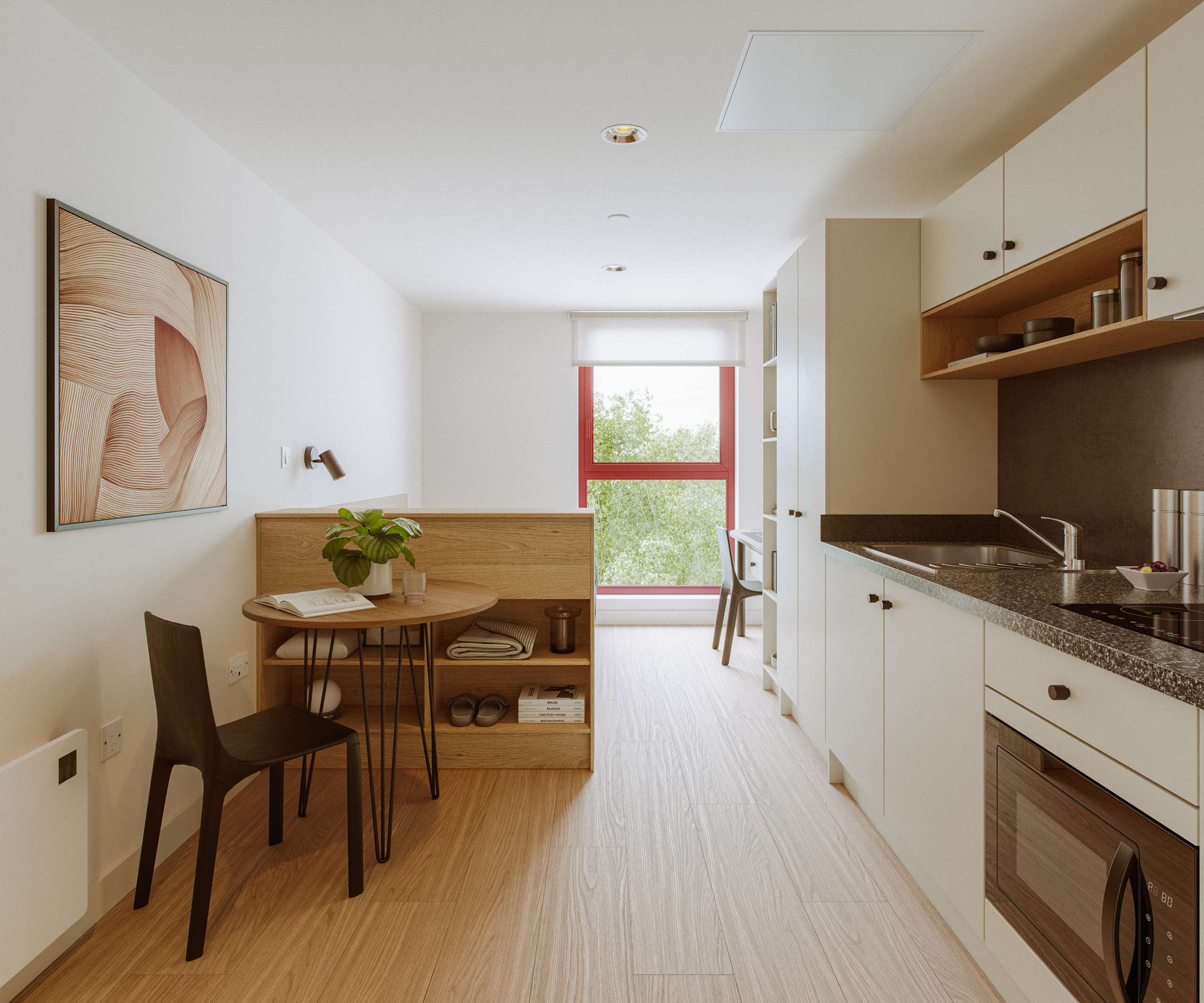 3D rendering of a compact kitchen and dining area with pale timber finishes