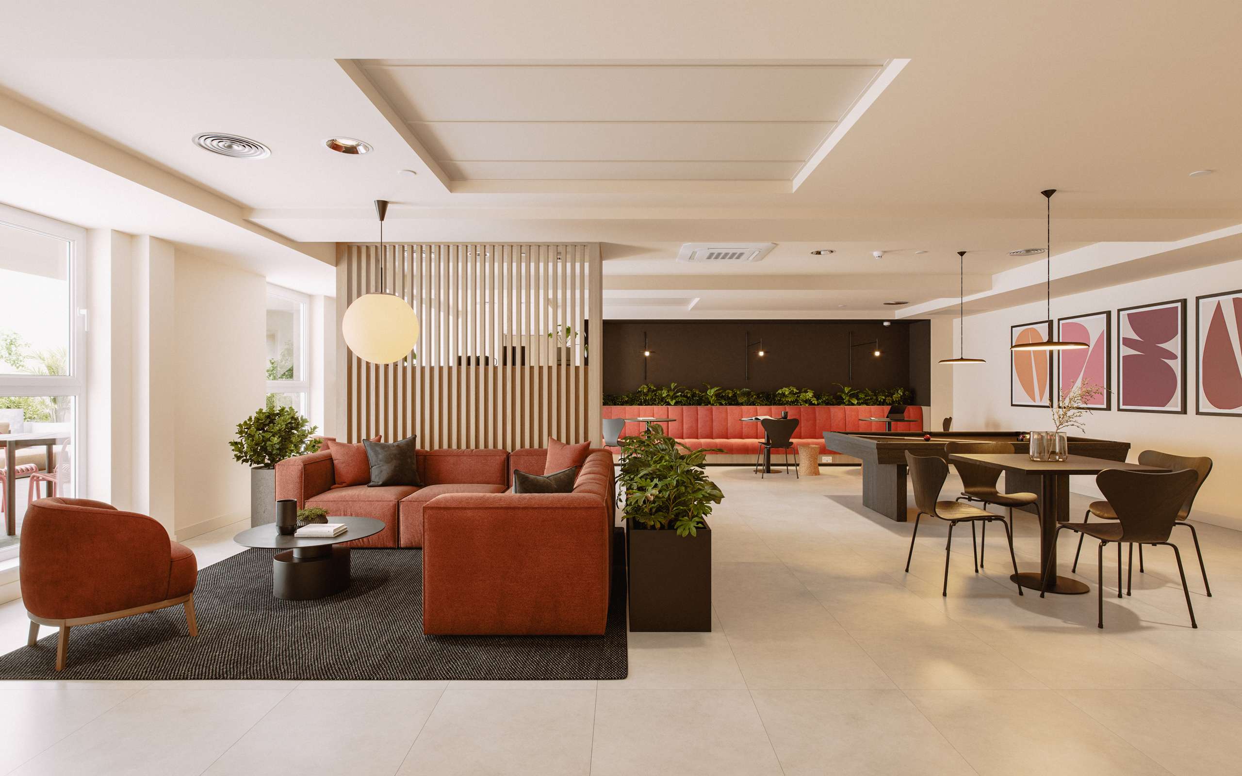 3D rendering of a communal lounge with orange sofas and a pool table