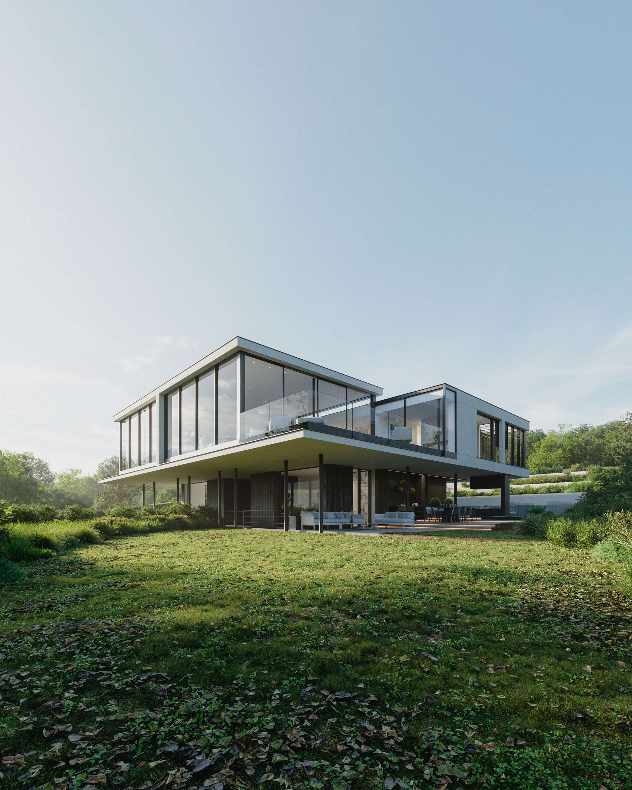 Photorealistic exterior 3D Rendering of a modern contemprary villa designed by Justyna Gornicka - Hervé De Giovannini Architecte. Still CG Image produced by Scuares, an architectural visualization studio