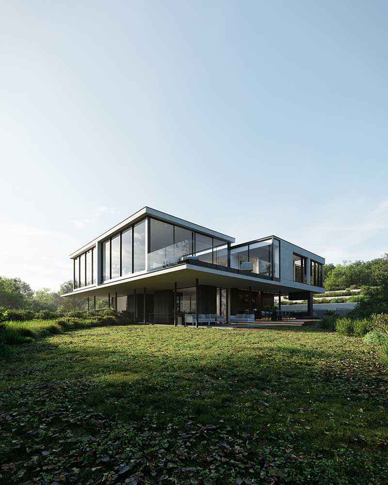 Photorealistic exterior 3D Rendering of a modern contemprary villa designed by Justyna Gornicka - Hervé De Giovannini Architecte. Still CG Image produced by Scuares, an architectural visualization studio