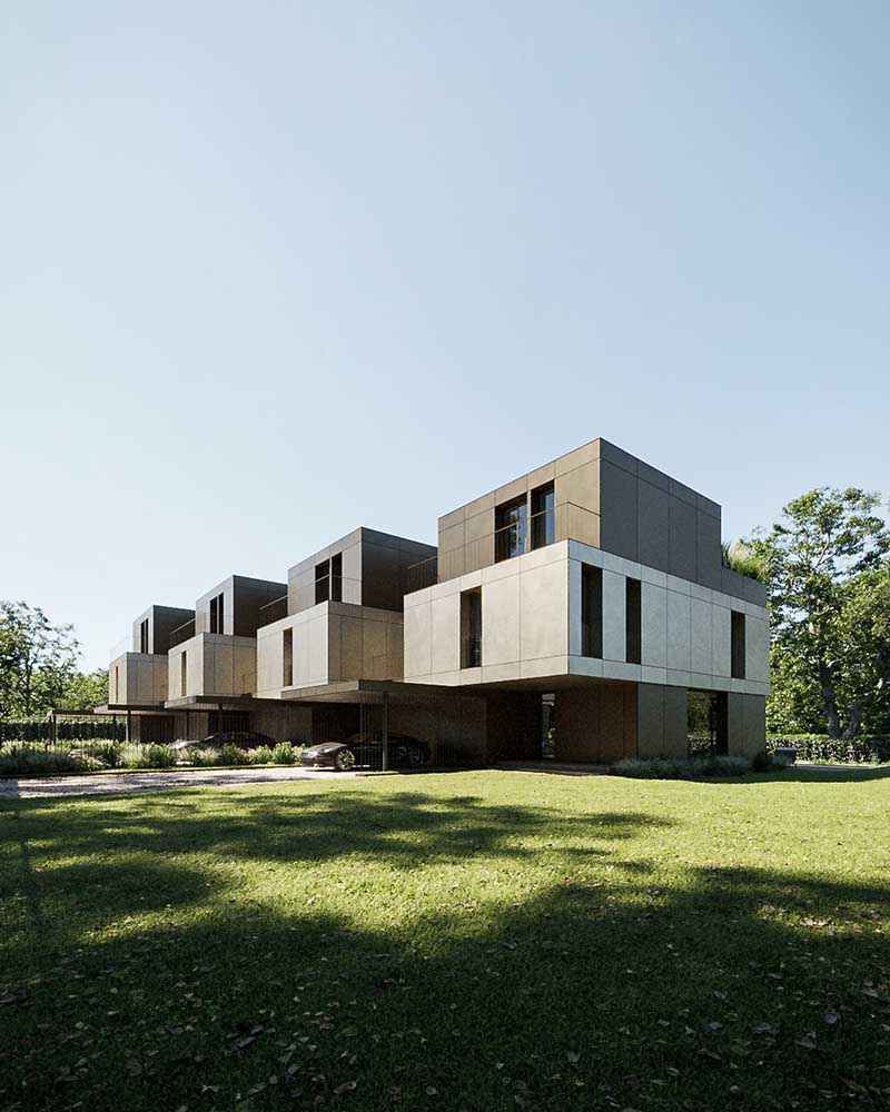 Photorealistic exteriorn 3D Rendering of a modern housing complex in Switzerland designed by Hervé DeGiovannini Architecte. With contemporary metal facade design. Still CG Image produced by Scuares, an architectural visualization studio