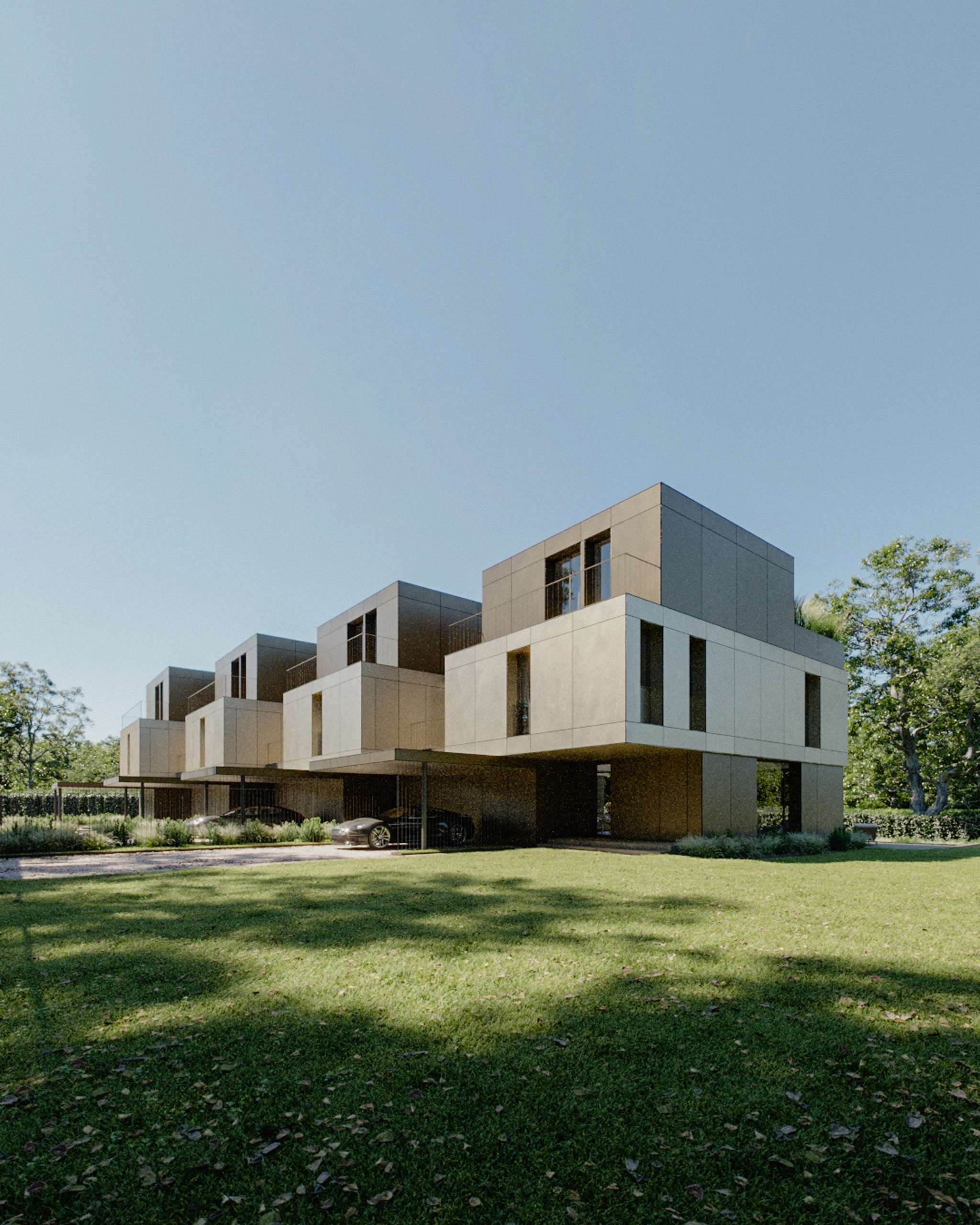 Photorealistic exteriorn 3D Rendering of a modern housing complex in Switzerland designed by Hervé DeGiovannini Architecte. With contemporary metal facade design. Still CG Image produced by Scuares, an architectural visualization studio