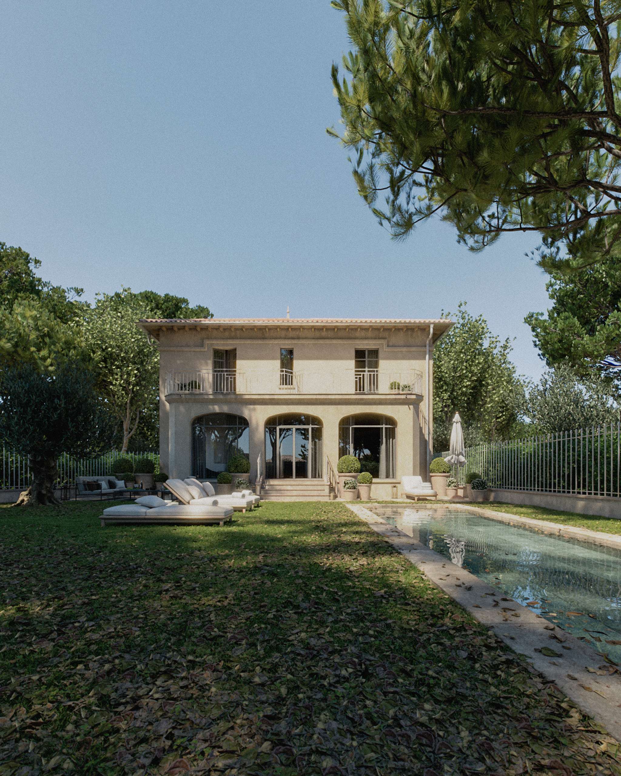 Photorealistic exterior 3D Rendering of a traditional villa with a pool in France. Still CG image produced by Scuares, an architectural visualization studio