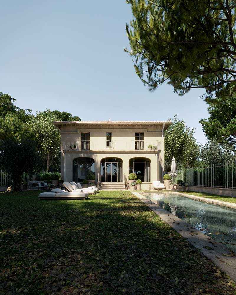Photorealistic exterior 3D Rendering of a traditional villa with a pool in France. Still CG image produced by Scuares, an architectural visualization studio