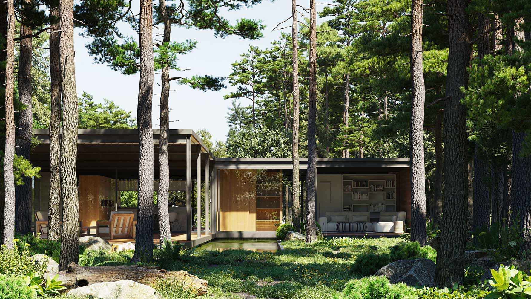 Photorealistic exterior 3D Rendering of a modern contemporary house inside a forest designed by JM Designs. Luxury glass villa surrounded by trees. Still CG Image produced by Scuares, an architectural visualization studio