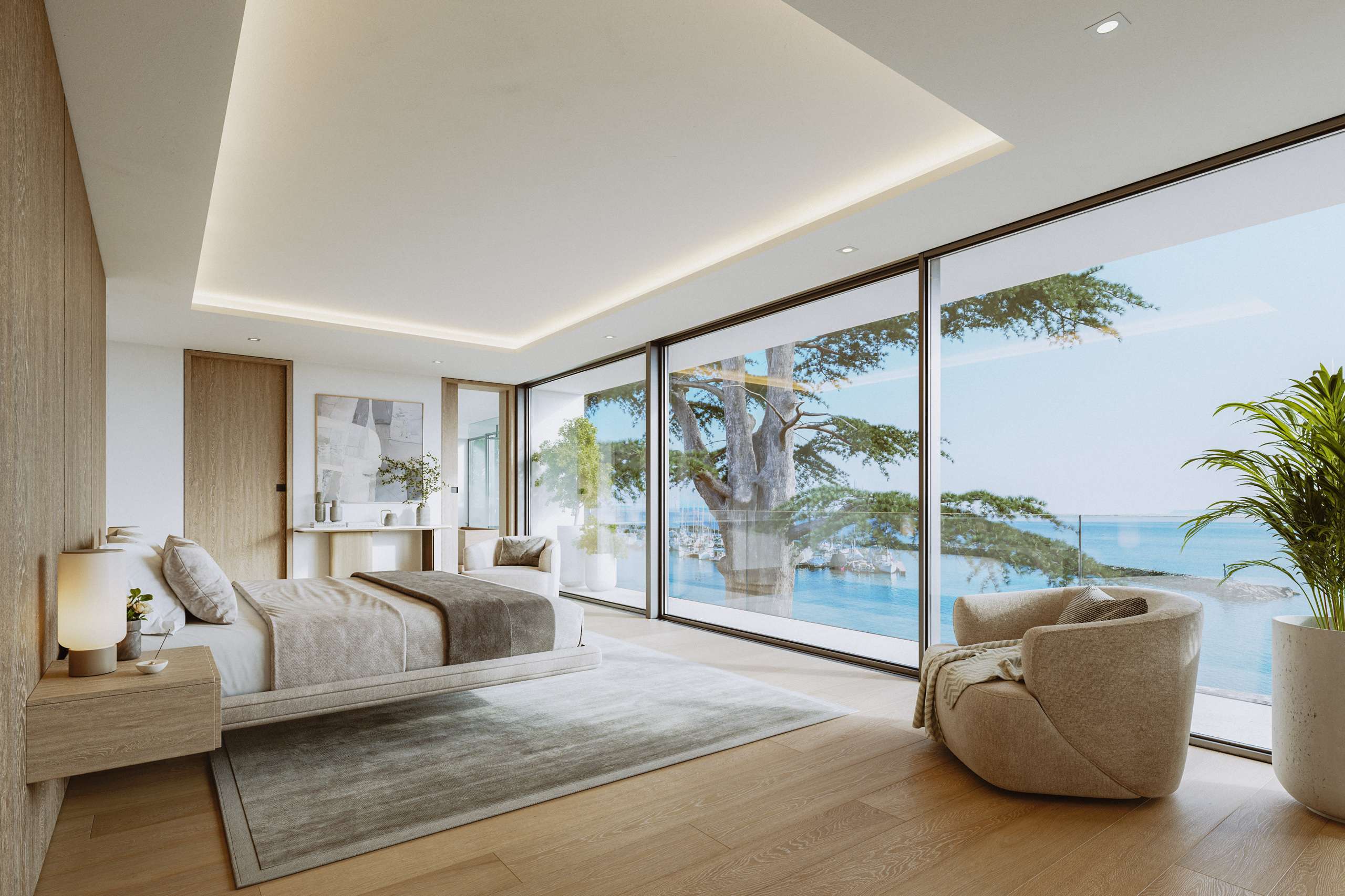 3D rendering of a bedroom with floor-to-ceiling windows overlooking the water