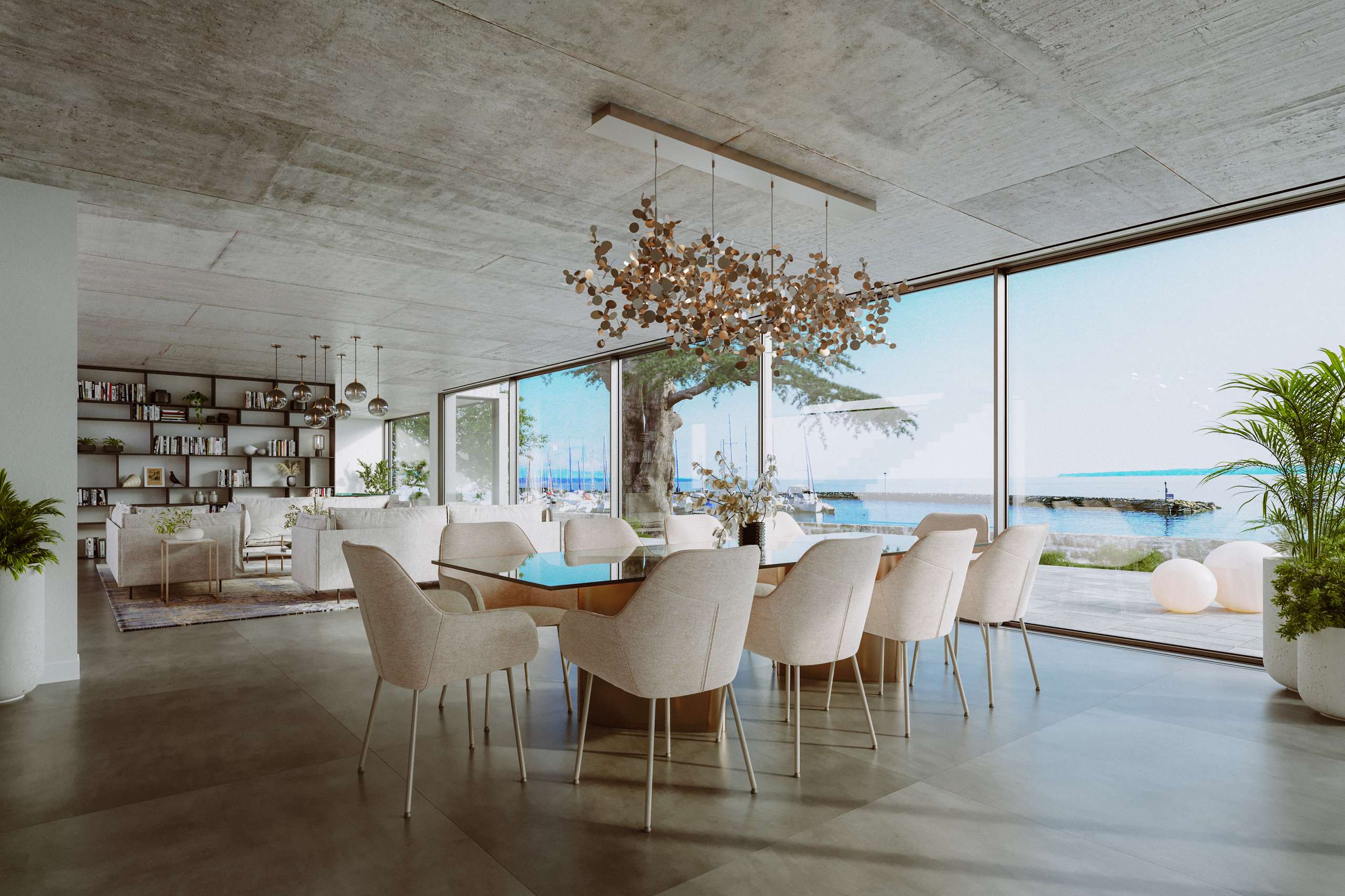 3D rendering of a dining area beneath a concrete ceiling with panoramic water views