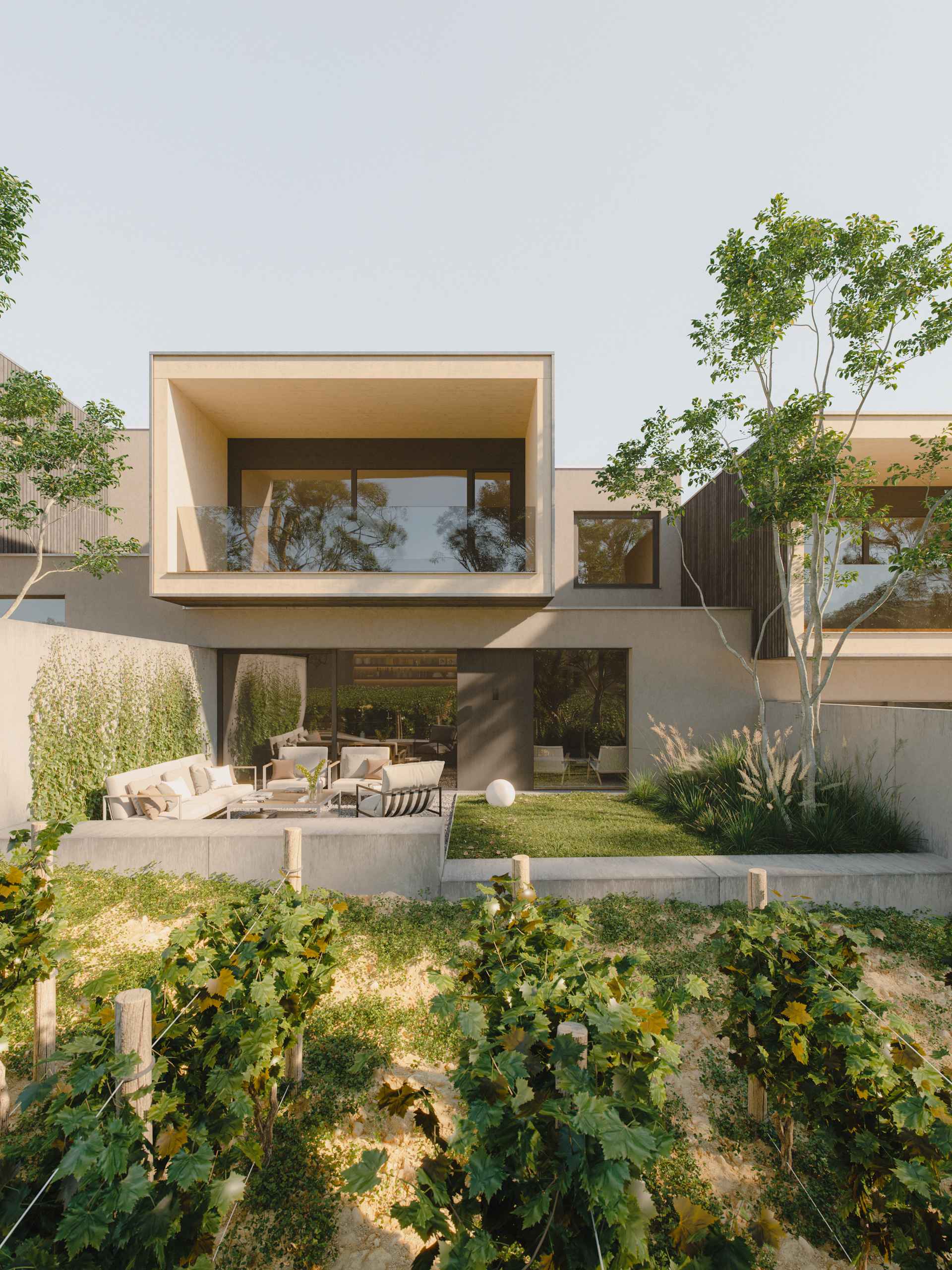 Photorealistic exterior 3D Rendering of a modern house designed by Gregor Pils Architects. Contemporary facade design with wood and plaster. Building next to vineyards. Real Estate residential project. Still CG Image produced by Scuares, an architectural visualization studio